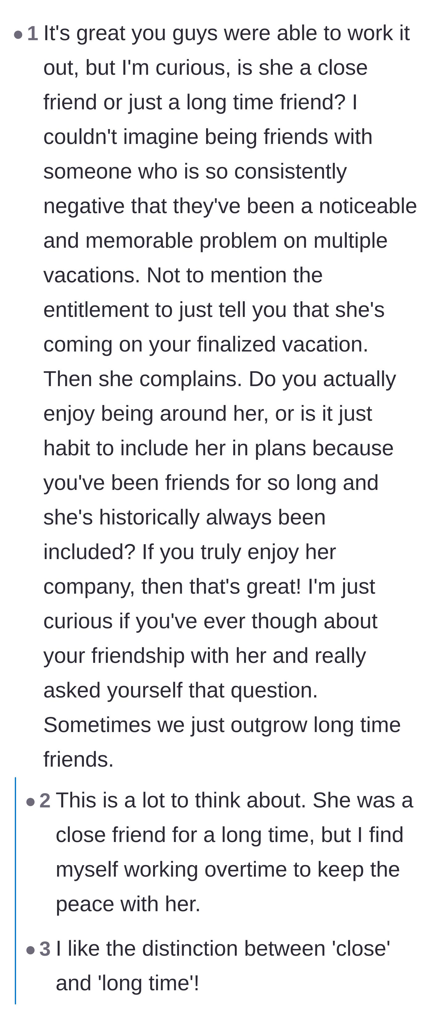 Comment thread 4 - A deep discussion questioning if Diane is a close friend or just a habit, leading the author to a major realization.