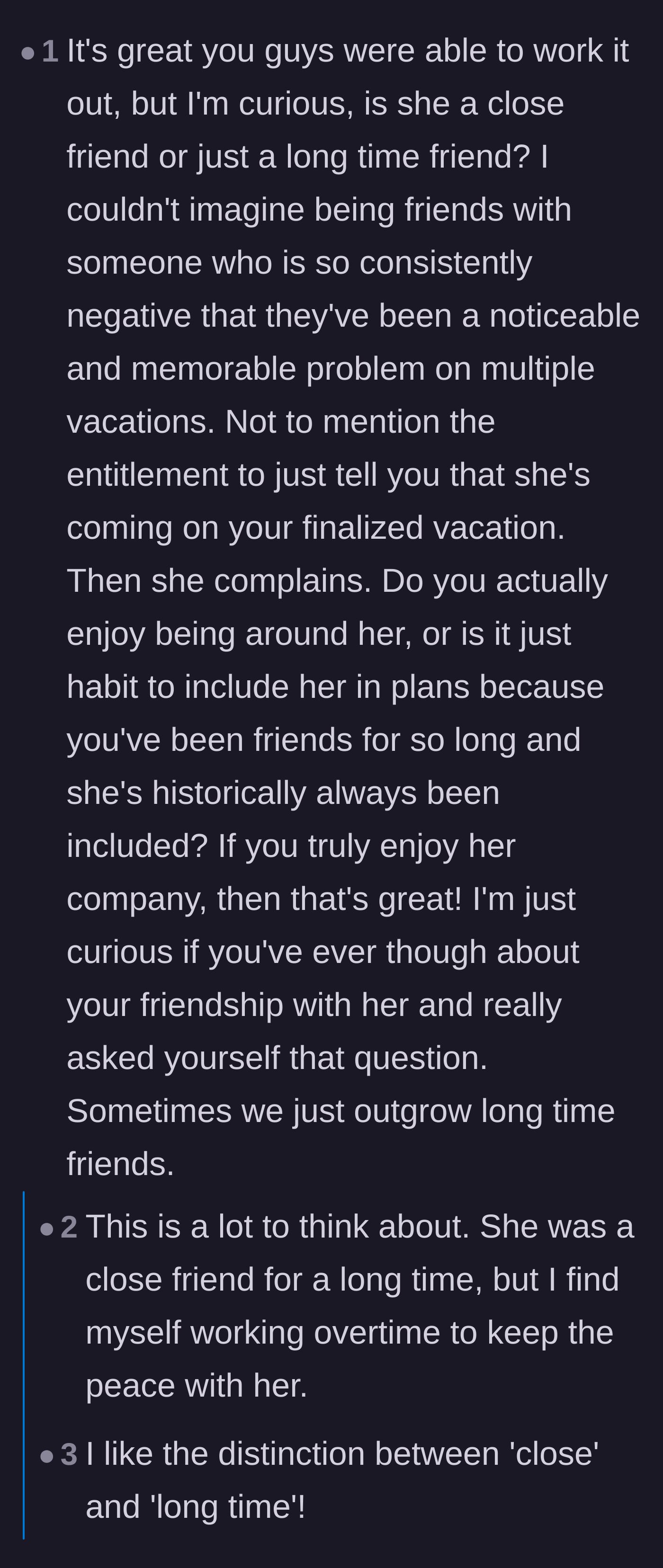 Comment thread 4 - A deep discussion questioning if Diane is a close friend or just a habit, leading the author to a major realization.
