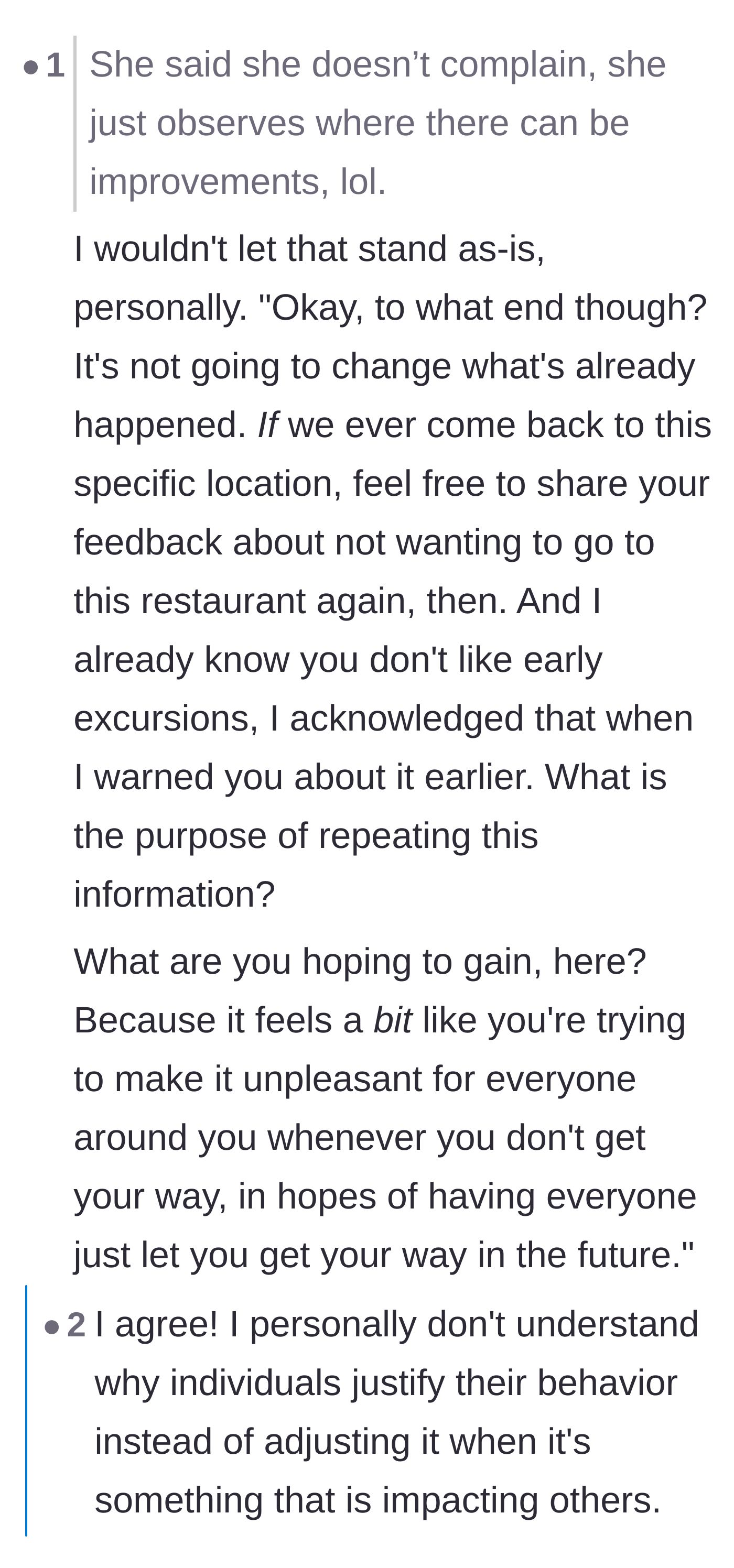 Comment thread 5 - A user dismantling the friend's excuse about 'observing improvements' and bringing in actual psychology concepts to explain the toxicity.