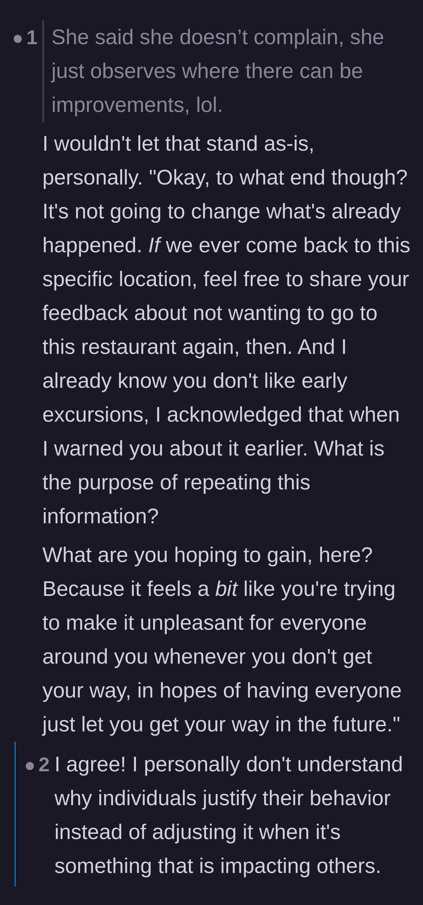Comment thread 5 - A user dismantling the friend's excuse about 'observing improvements' and bringing in actual psychology concepts to explain the toxicity.