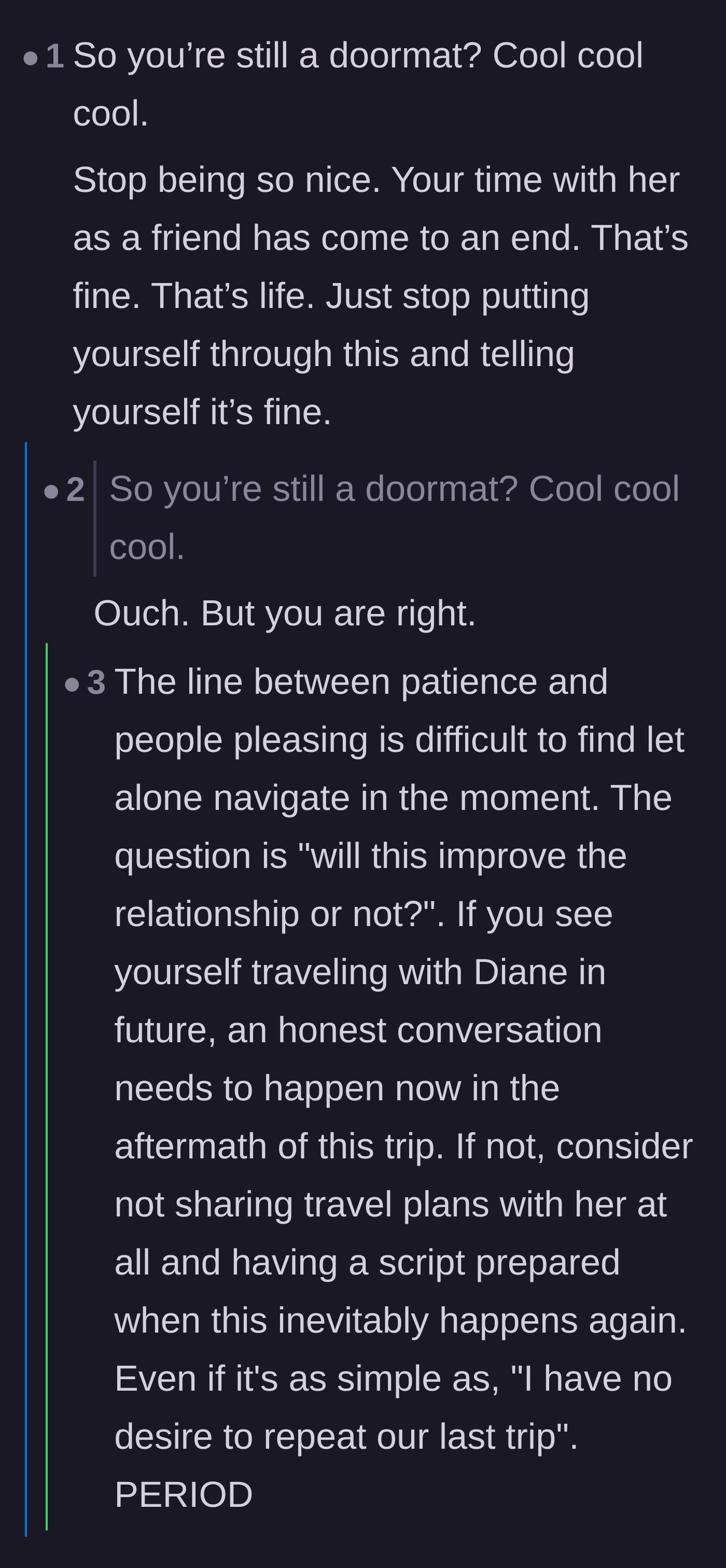 Comment thread 6 - A blunt comment calling the author a doormat, which the author surprisingly and humbly agrees with.