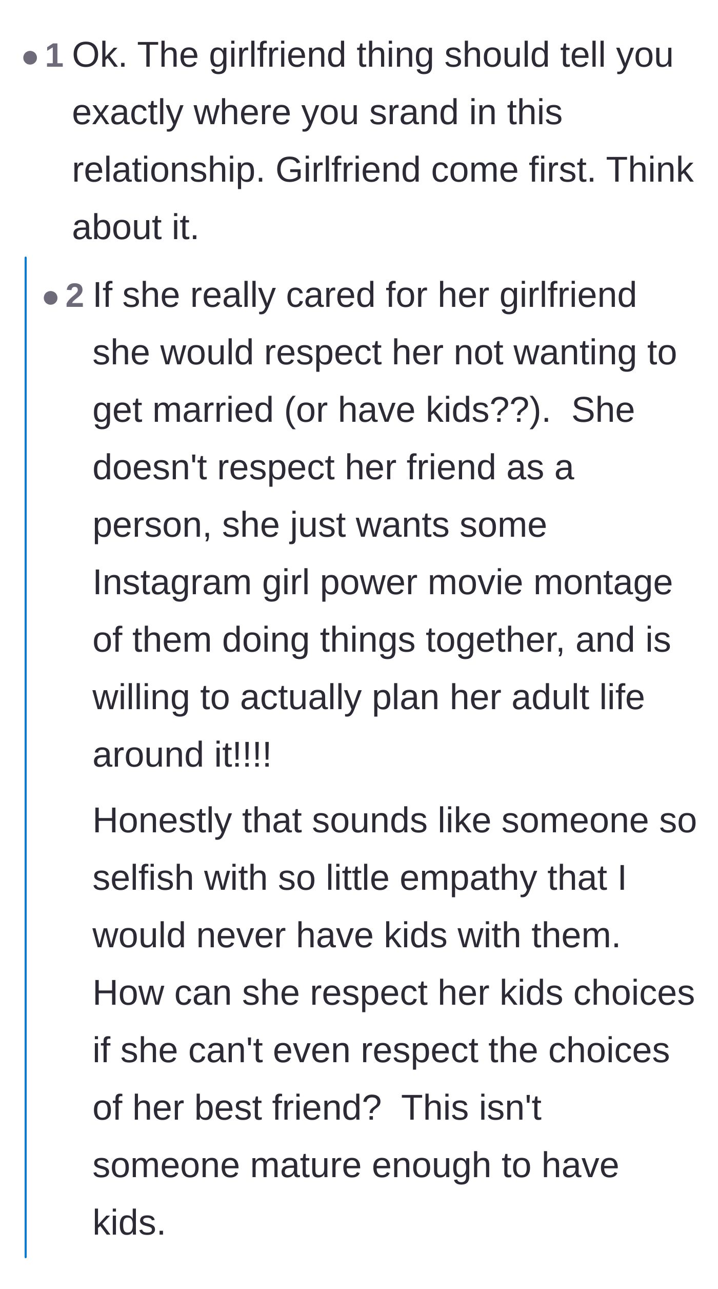 Comment thread 2 - A discussion on how the girlfriend is disrespecting both her boyfriend and her best friend just to fulfill a selfish, picture-perfect fantasy.