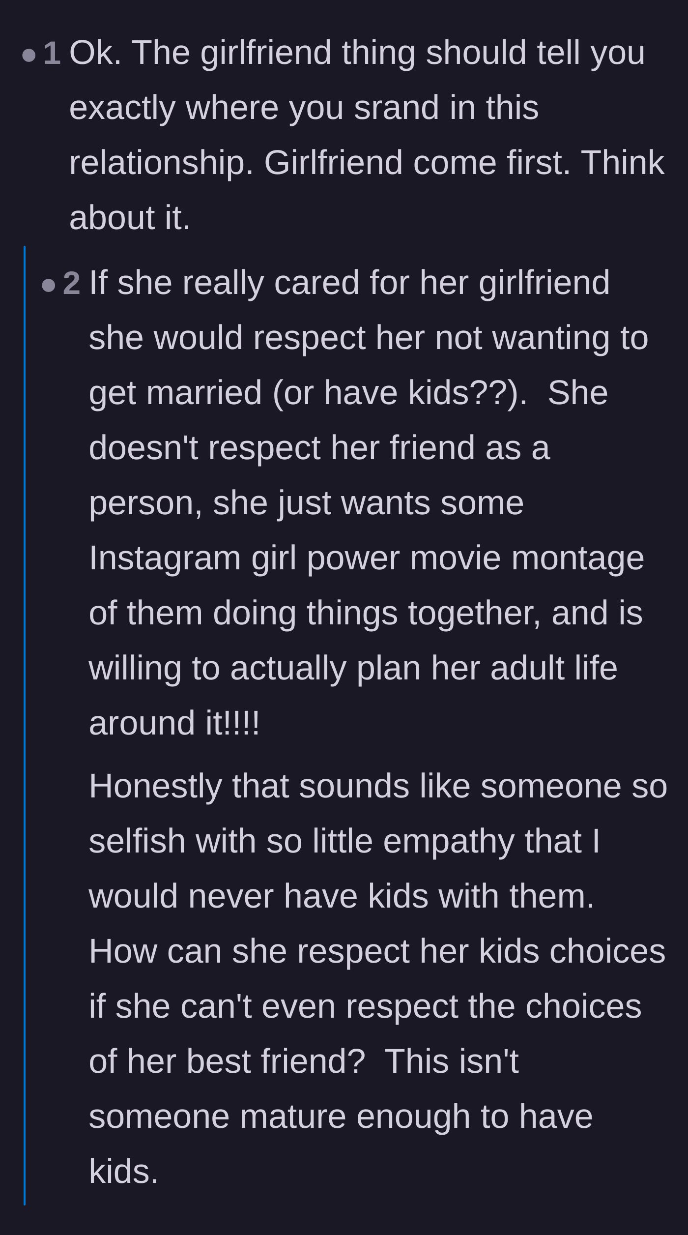 Comment thread 2 - A discussion on how the girlfriend is disrespecting both her boyfriend and her best friend just to fulfill a selfish, picture-perfect fantasy.