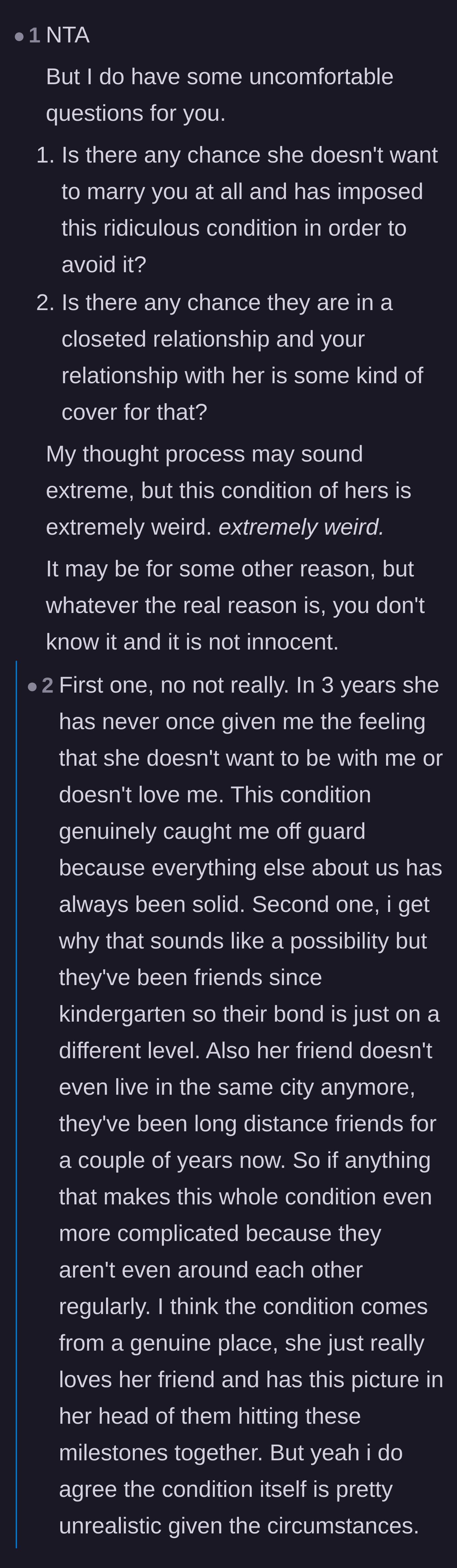 Comment thread 3 - Commenters asking uncomfortable questions about the true nature of the friendship, leading the boyfriend to realize she is stuck in a childhood fantasy.