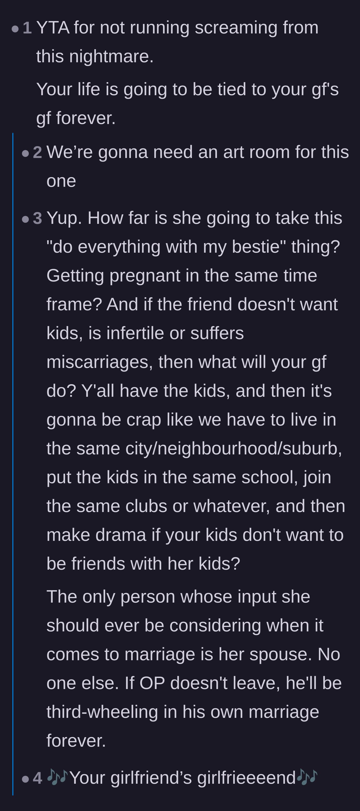 Comment thread 4 - A blunt warning that if the boyfriend stays, he will spend his entire life third-wheeling in his own marriage.