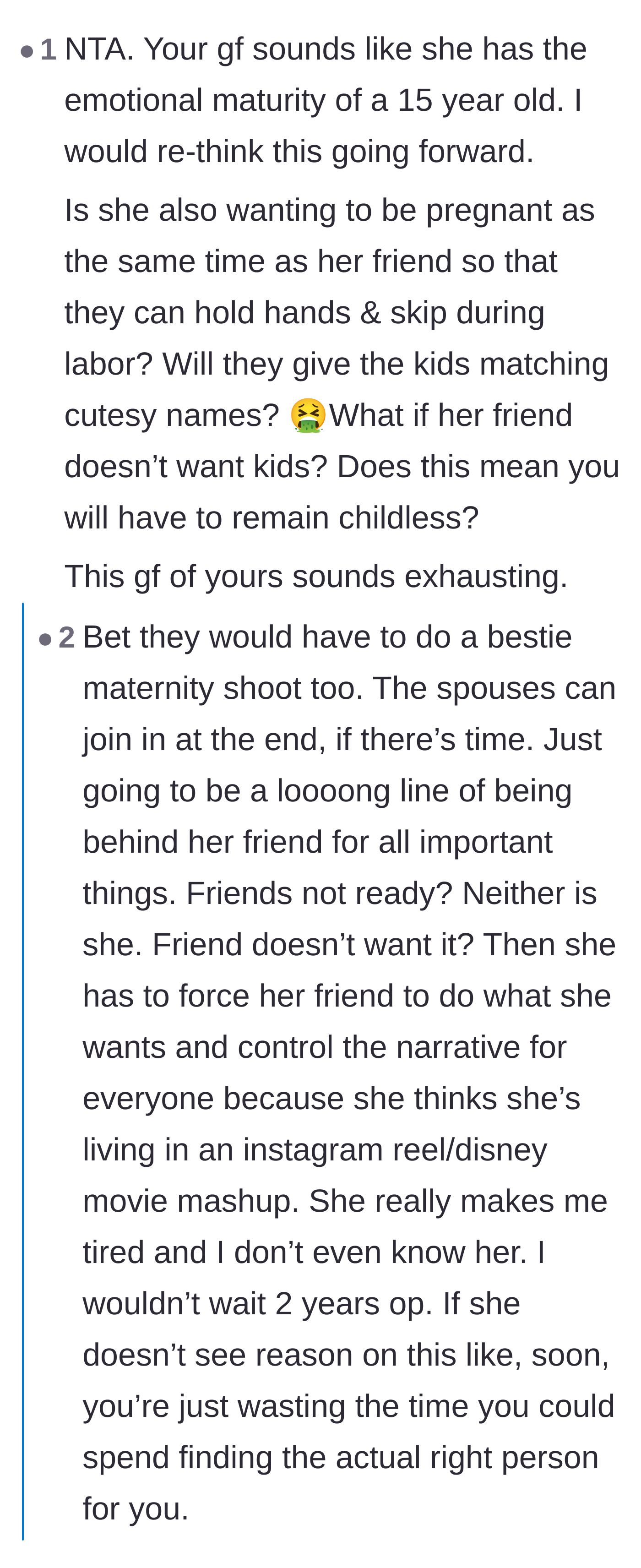 Comment thread 5 - Readers mocking the girlfriend's immaturity and asking how far she plans to take this matching milestone obsession.