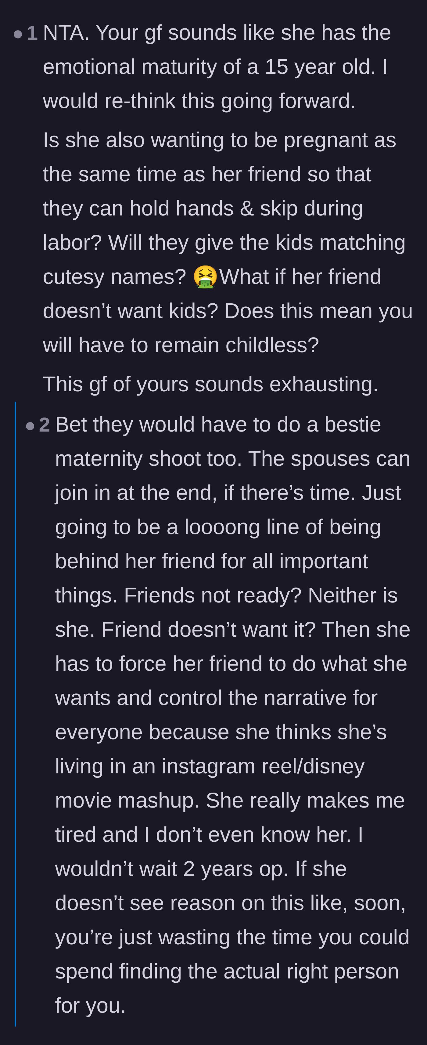 Comment thread 5 - Readers mocking the girlfriend's immaturity and asking how far she plans to take this matching milestone obsession.