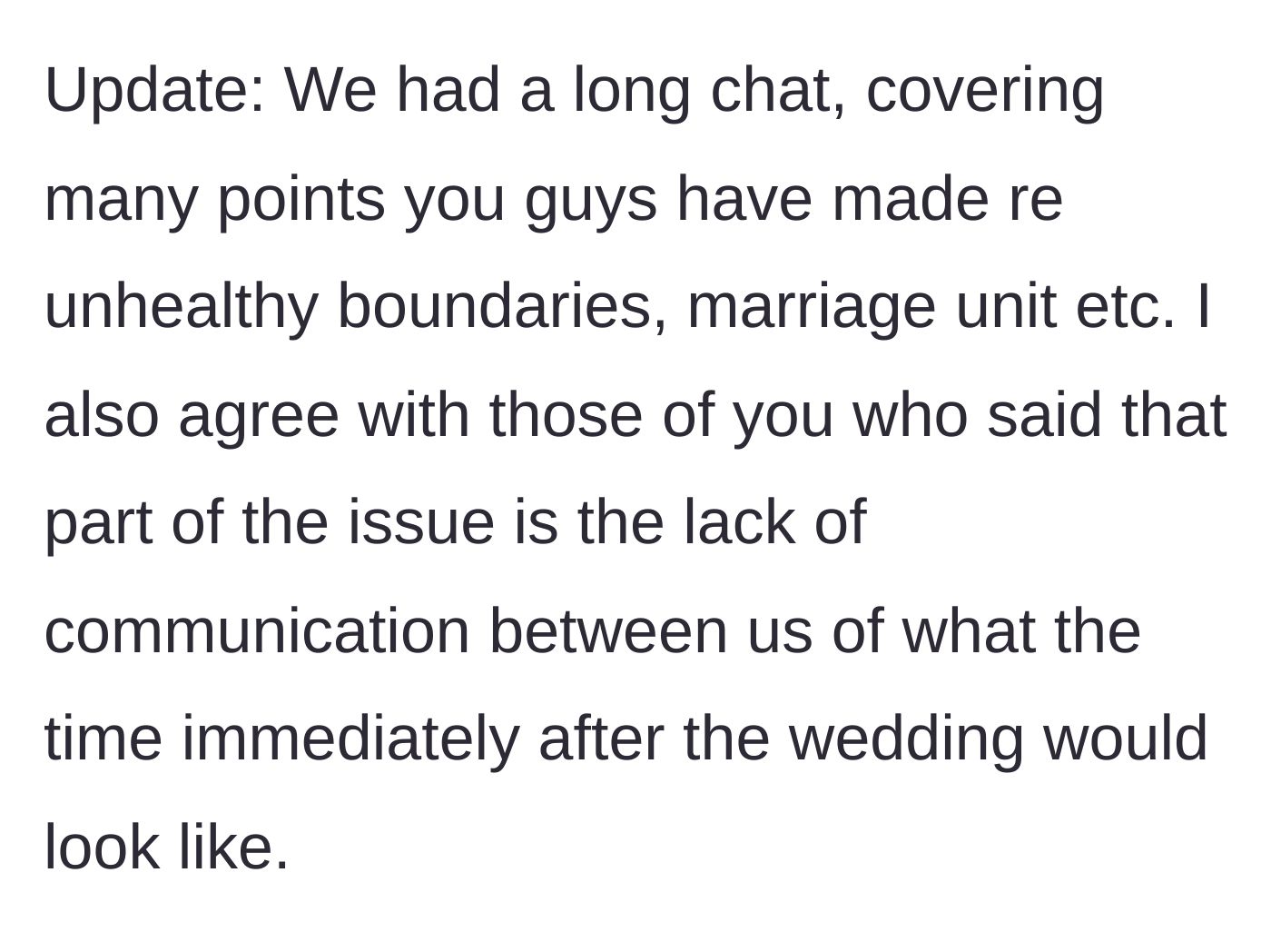Story part 5 - Bride giving an update about their long conversation regarding boundaries and communication.