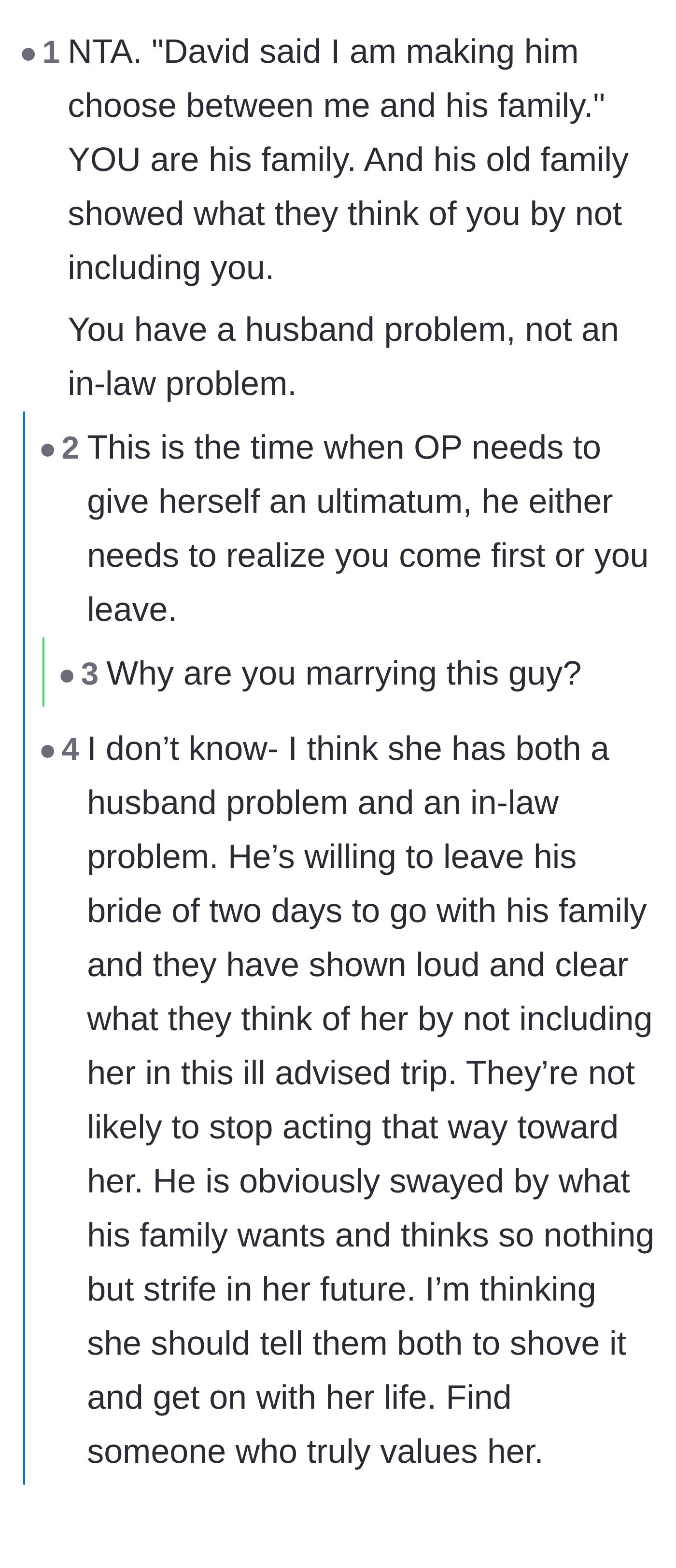 Comment thread 1 - Advice pointing out that the real issue is the groom's lack of a spine, not just the in-laws' audacity.