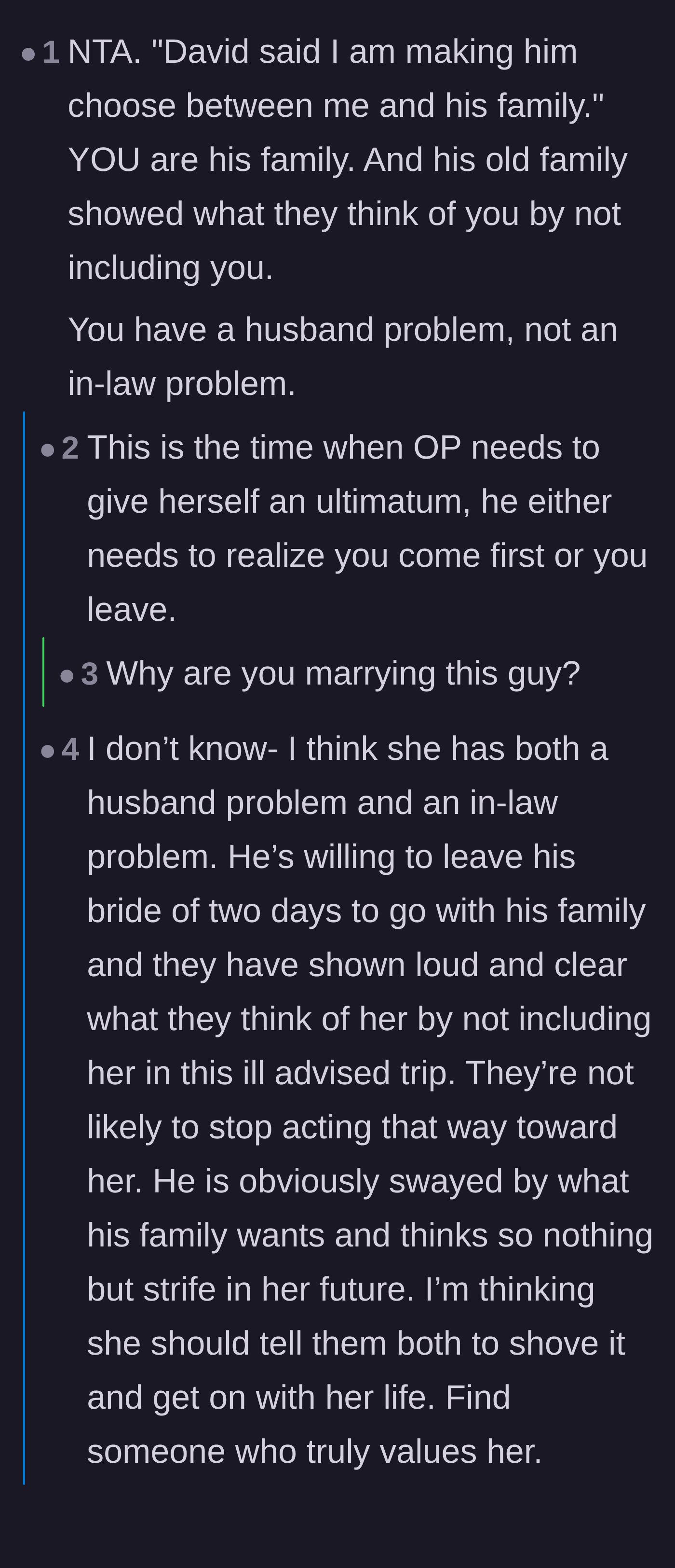 Comment thread 1 - Advice pointing out that the real issue is the groom's lack of a spine, not just the in-laws' audacity.