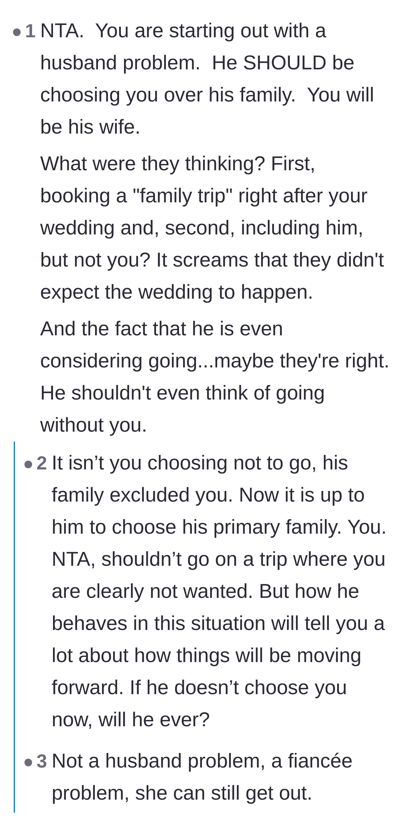 Comment thread 2 - Discussion about how the in-laws' exclusion is a deliberate act of sabotage and an early test of the groom's loyalty.