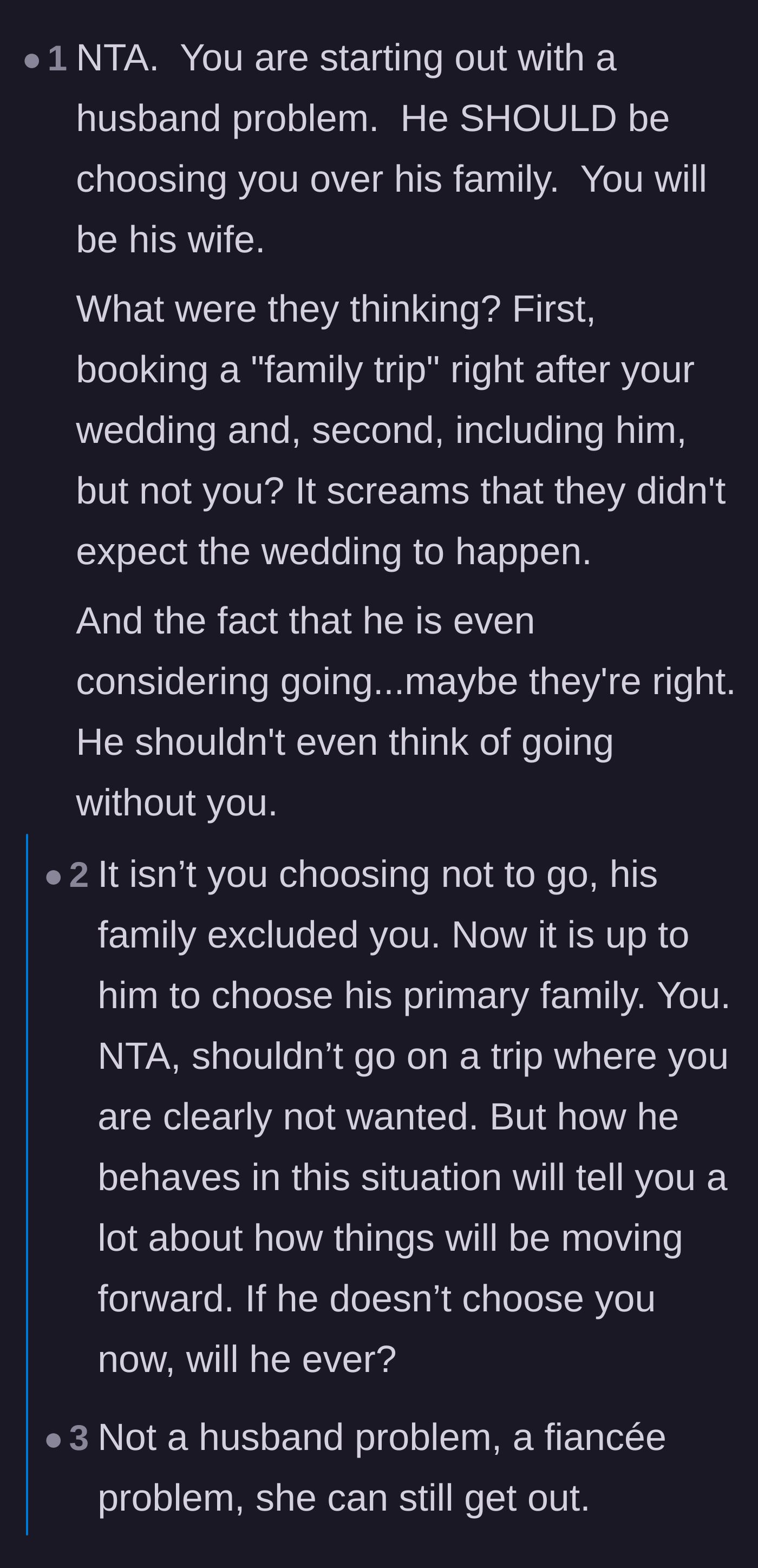 Comment thread 2 - Discussion about how the in-laws' exclusion is a deliberate act of sabotage and an early test of the groom's loyalty.