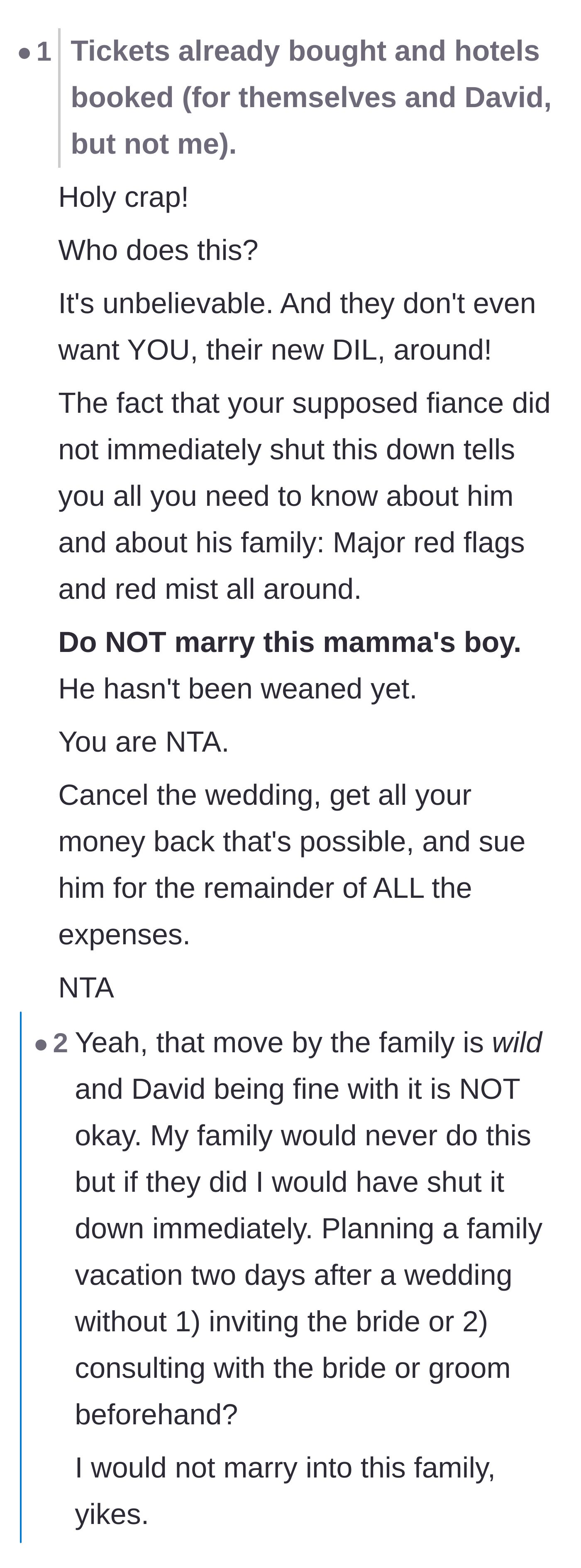Comment thread 3 - Outraged comments urging the bride to cancel the wedding and sue the groom for expenses over his family's blatant disrespect.