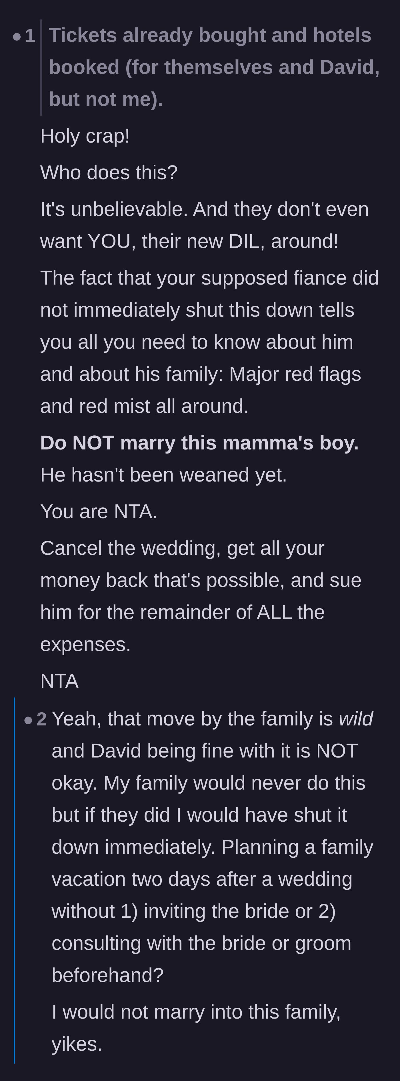 Comment thread 3 - Outraged comments urging the bride to cancel the wedding and sue the groom for expenses over his family's blatant disrespect.