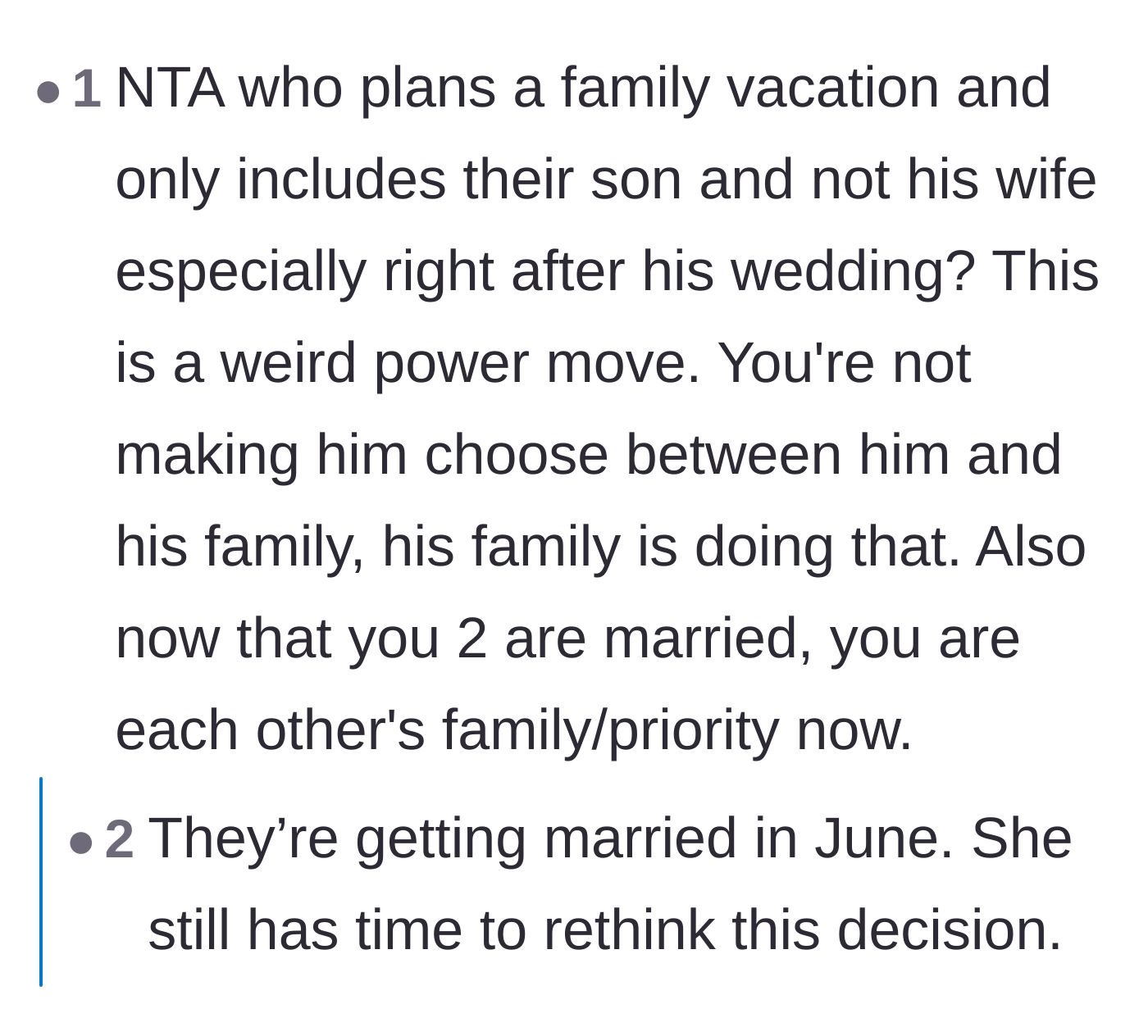 Comment thread 6 - Analysis of the mother-in-law's vacation plan as a toxic power play to assert dominance over the new bride.
