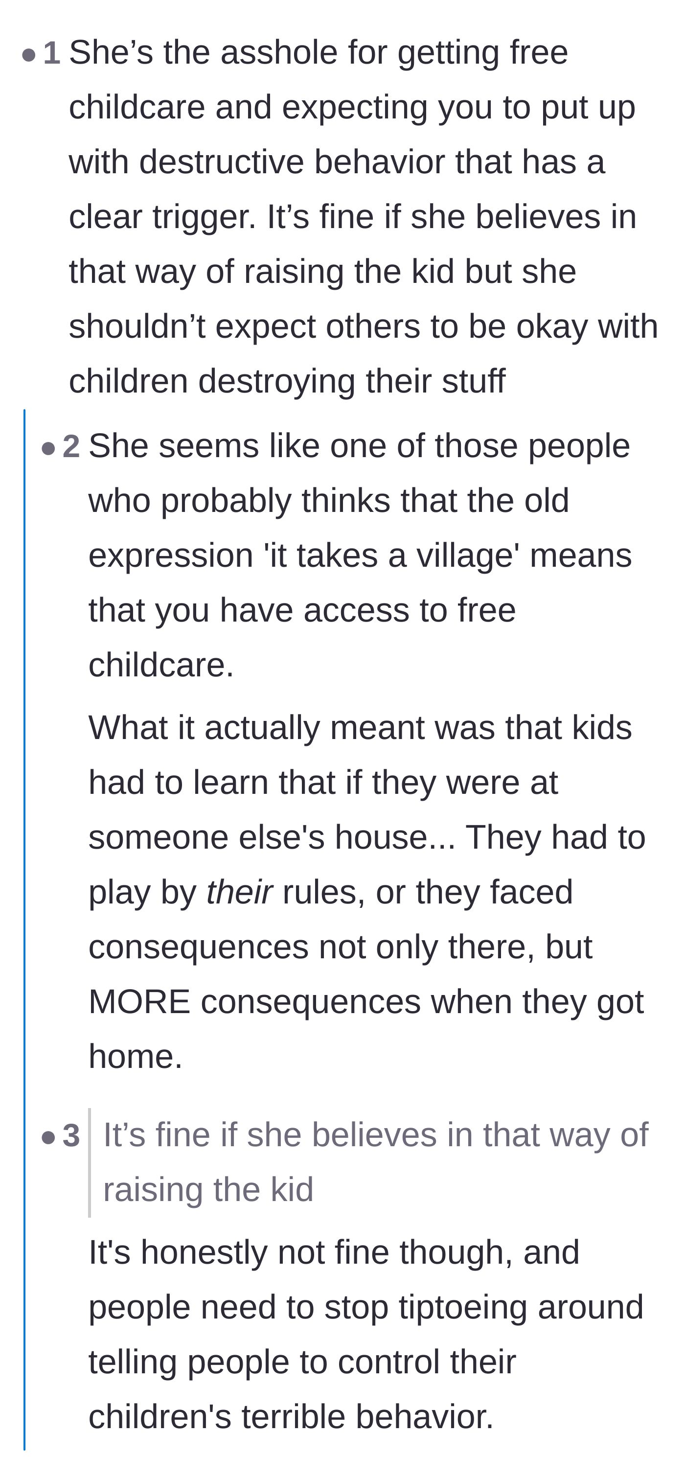 Comment thread 3 - Criticism of the mother expecting free childcare without allowing the host to enforce basic household rules.