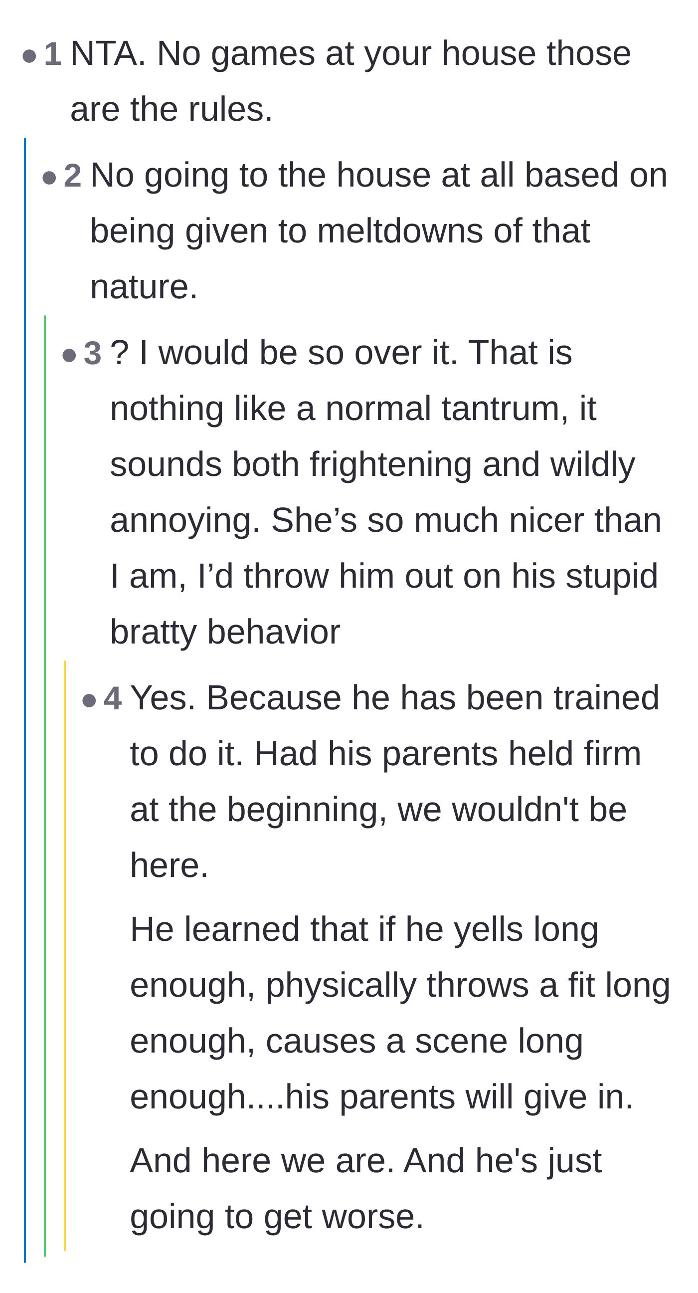 Comment thread 4 - Suggestions that the child shouldn't be allowed back at the house at all until the violent behavior is addressed.
