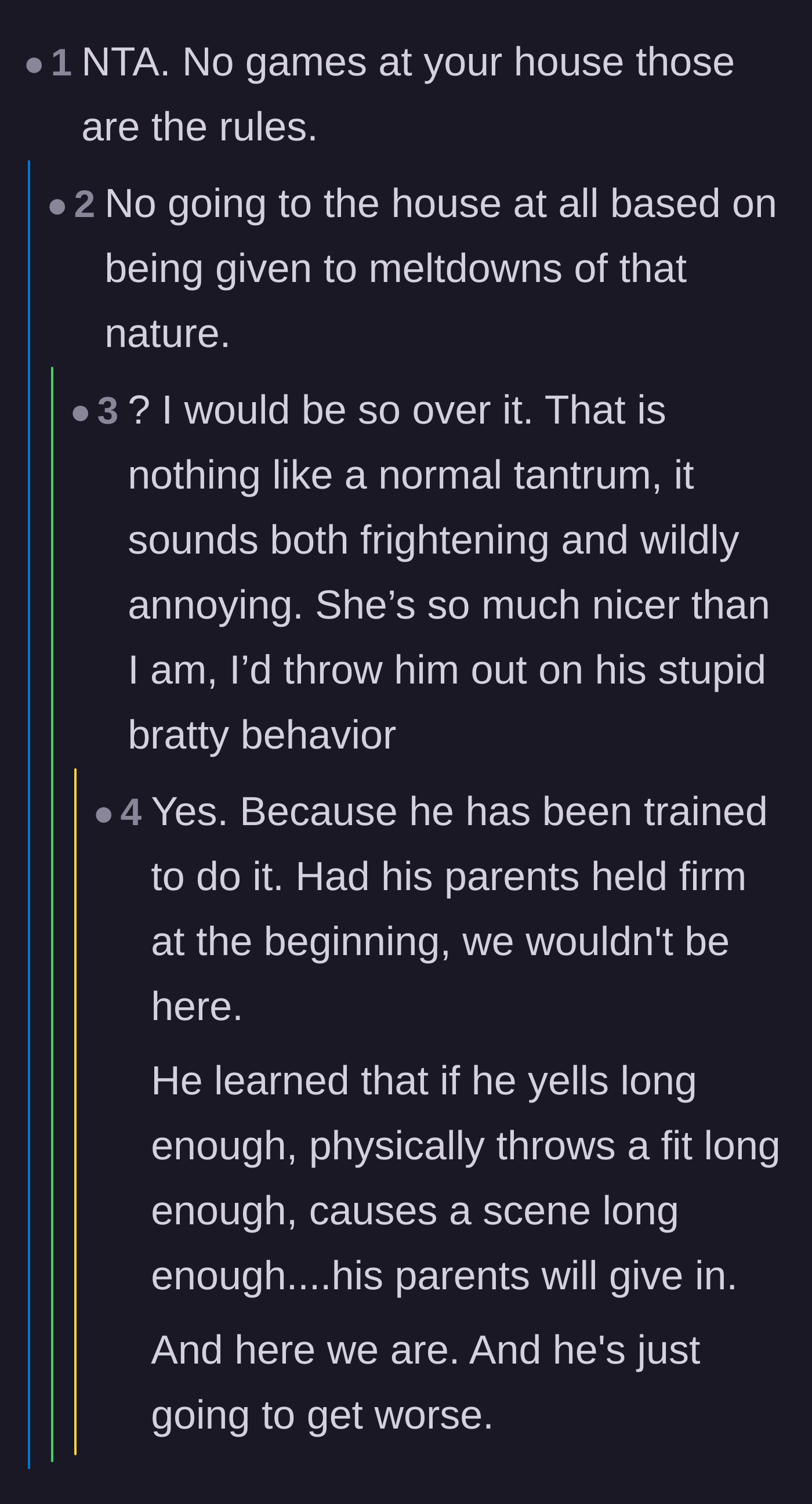 Comment thread 4 - Suggestions that the child shouldn't be allowed back at the house at all until the violent behavior is addressed.