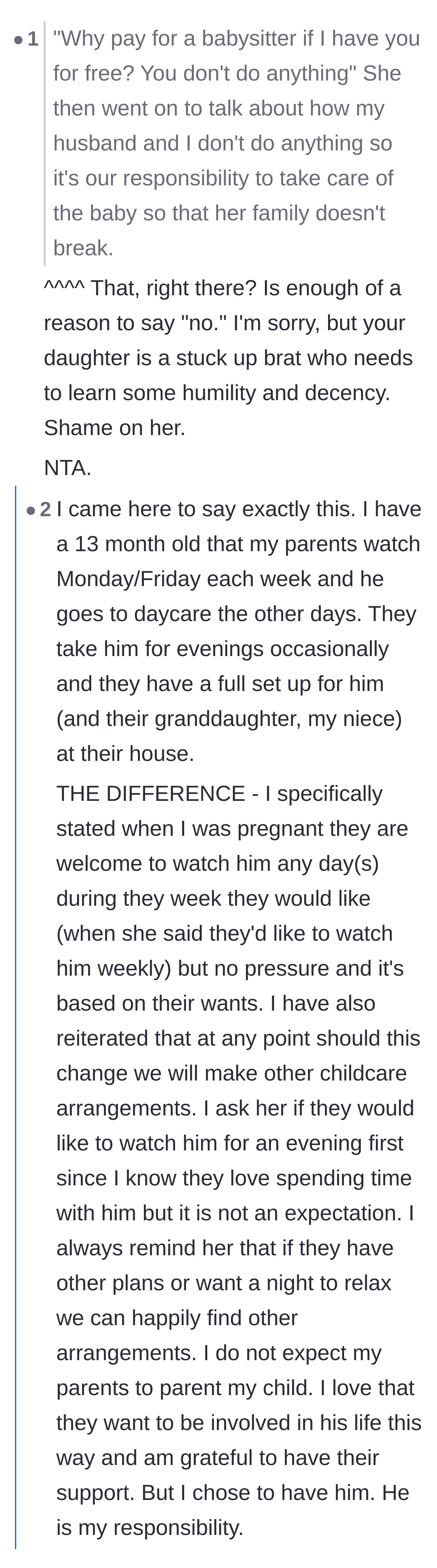Comment thread 1 - Readers reacting to the daughter's shocking quote about her parents being free labor and sharing healthy examples of grandparent babysitting.
