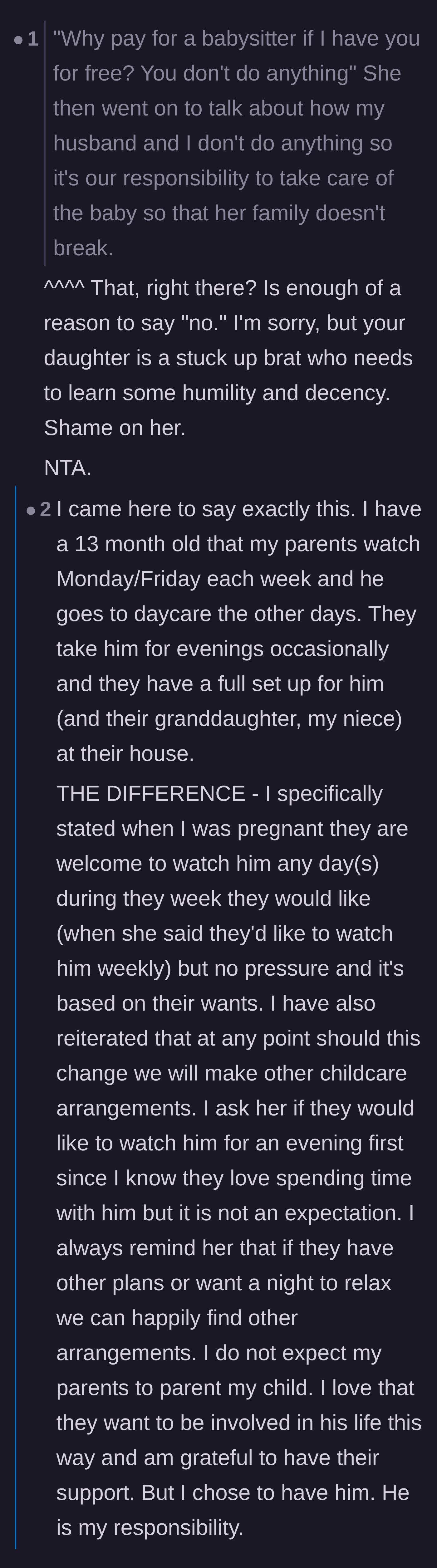 Comment thread 1 - Readers reacting to the daughter's shocking quote about her parents being free labor and sharing healthy examples of grandparent babysitting.