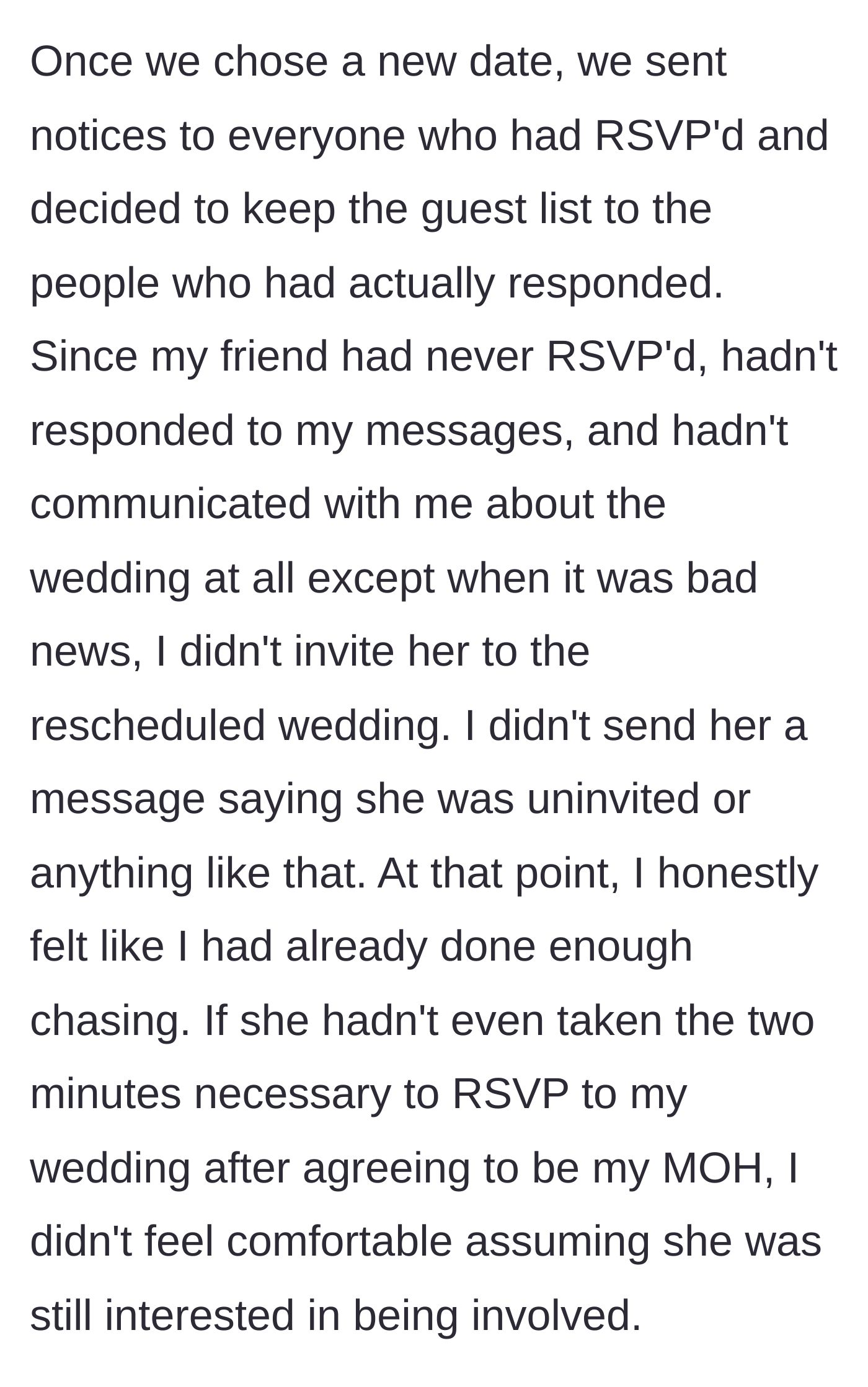 Story part 4 - The bride reschedules the wedding and quietly decides not to invite the flaky friend, choosing to stop chasing her after months of silence.