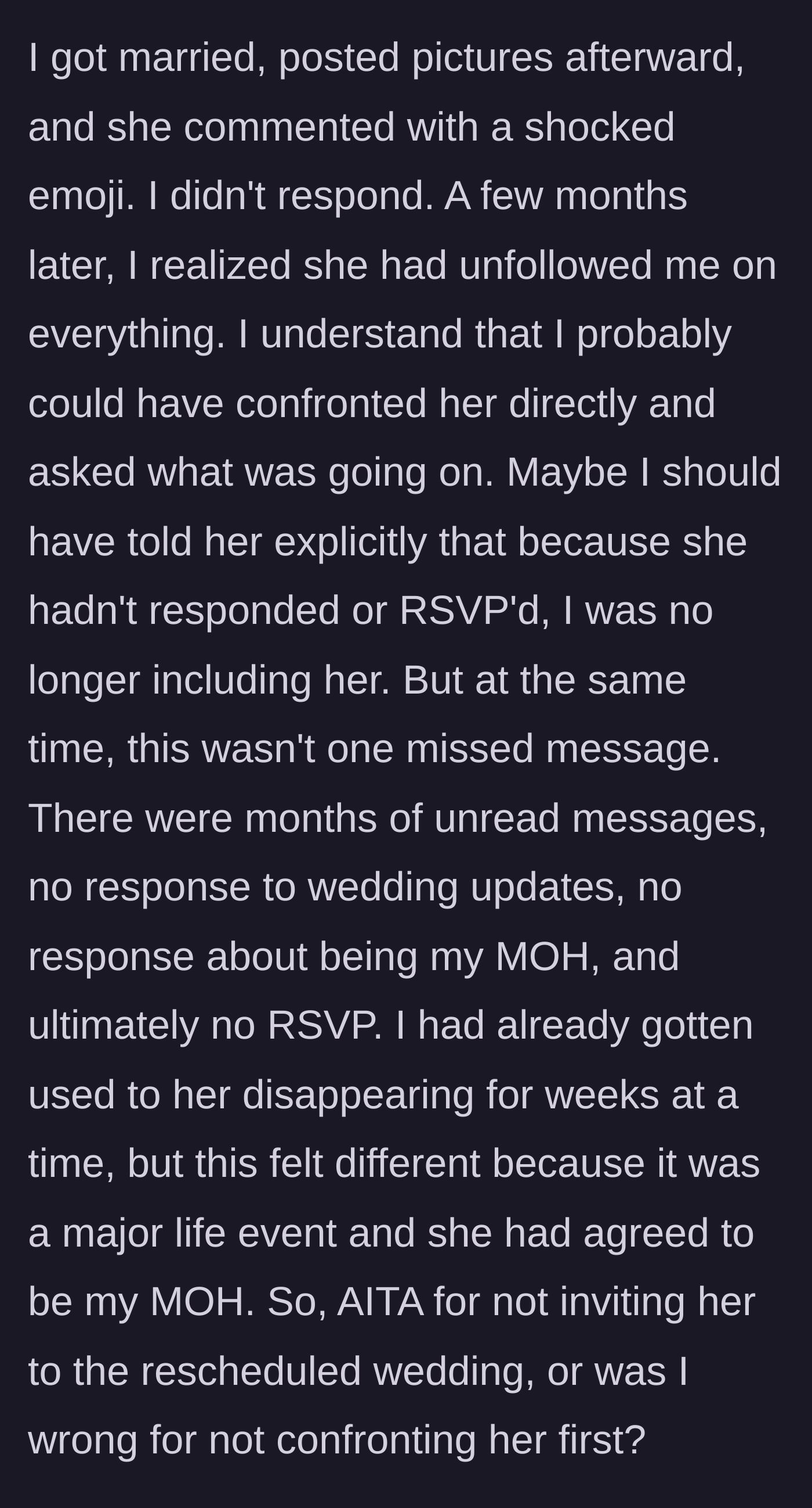 Story part 5 - After the wedding, the friend leaves a shocked emoji on the photos and later unfollows the bride, who now wonders if she should have communicated better.