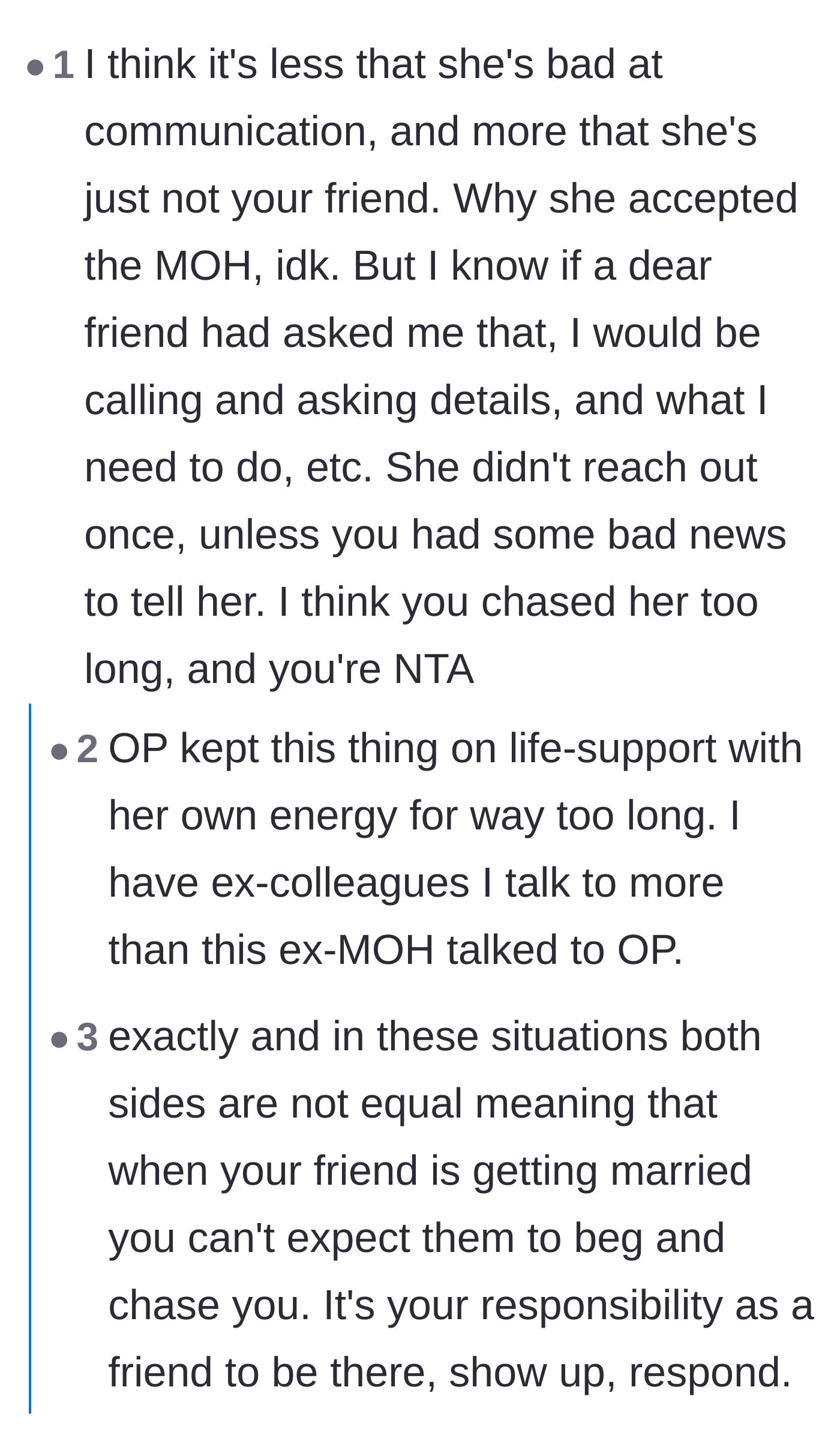 Comment thread 1 - Readers discussing how the Maid of Honor wasn't just bad at communicating, but was actually just a fake friend who used the bride's energy.