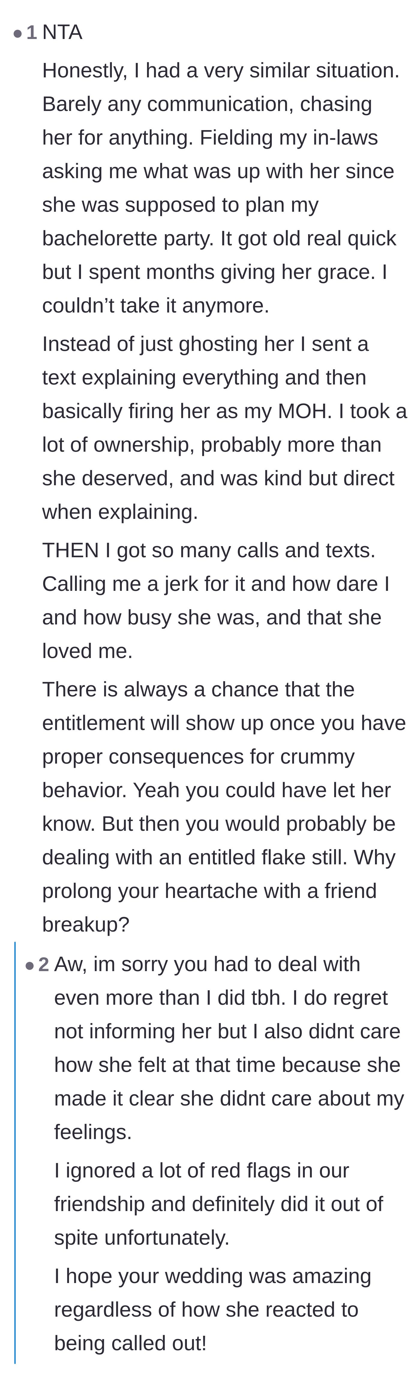 Comment thread 2 - A commenter shares their own painfully similar story of directly firing a flaky Maid of Honor and dealing with the explosive, entitled fallout.