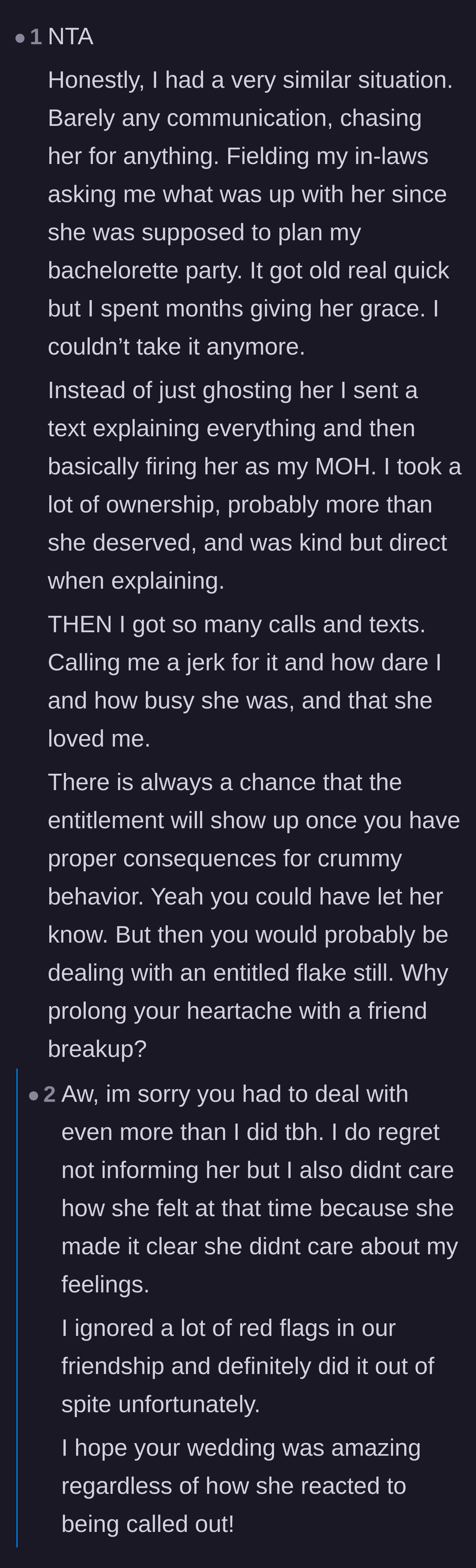 Comment thread 2 - A commenter shares their own painfully similar story of directly firing a flaky Maid of Honor and dealing with the explosive, entitled fallout.