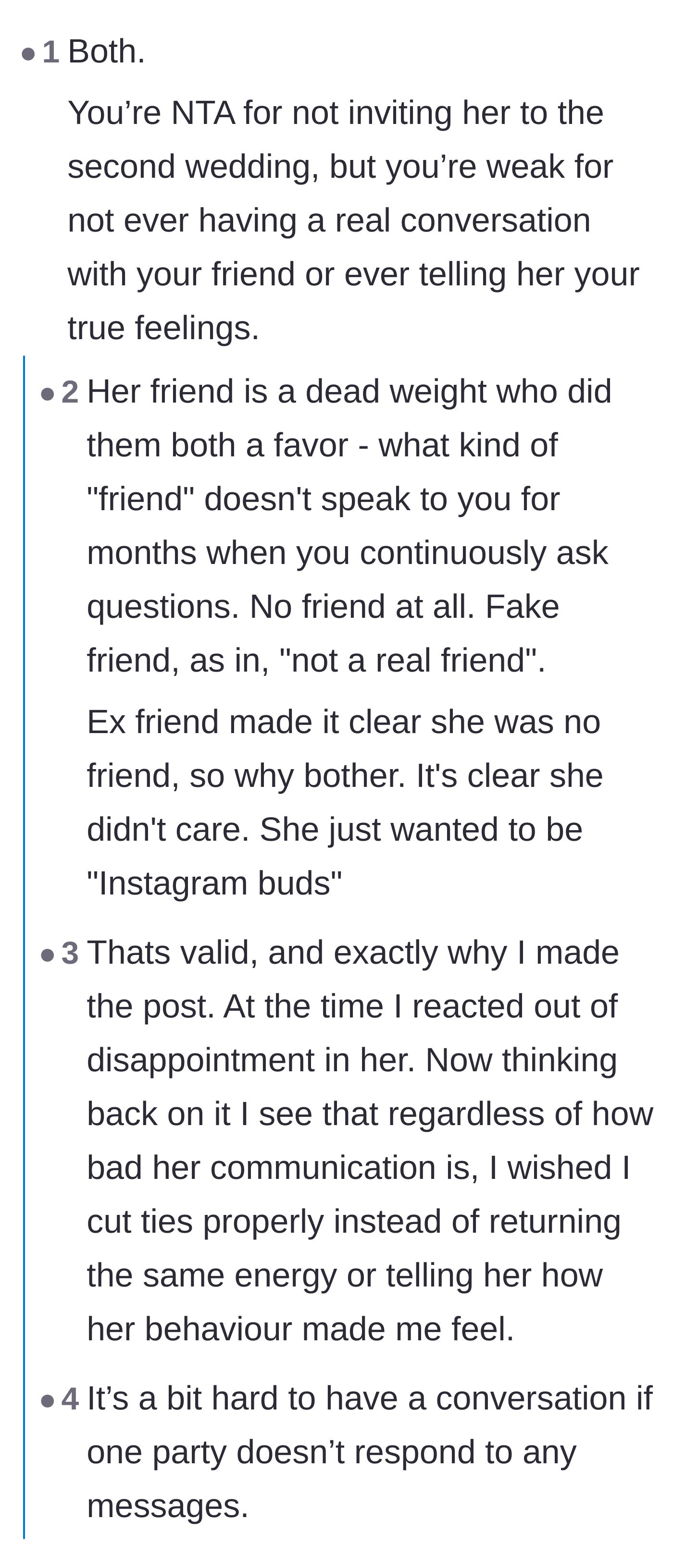 Comment thread 3 - A heavy debate on whether the bride should have picked up the phone for a welfare check, or if the friendship was already obvious dead weight.