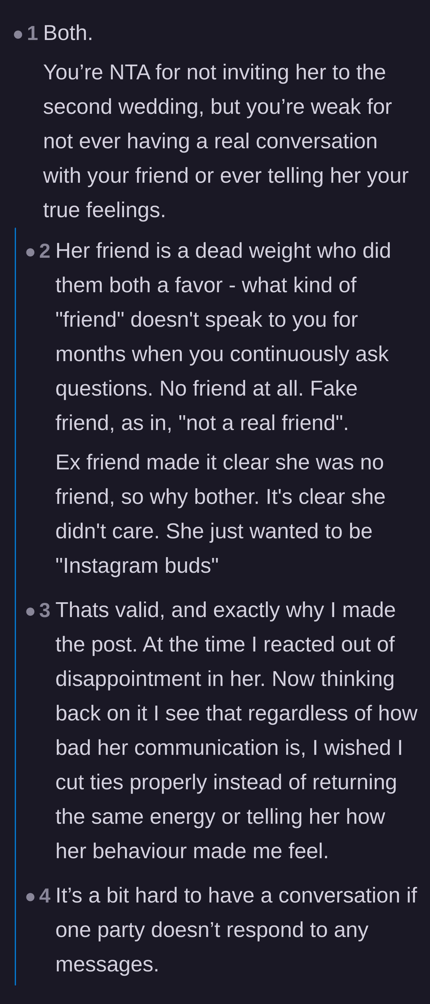 Comment thread 3 - A heavy debate on whether the bride should have picked up the phone for a welfare check, or if the friendship was already obvious dead weight.