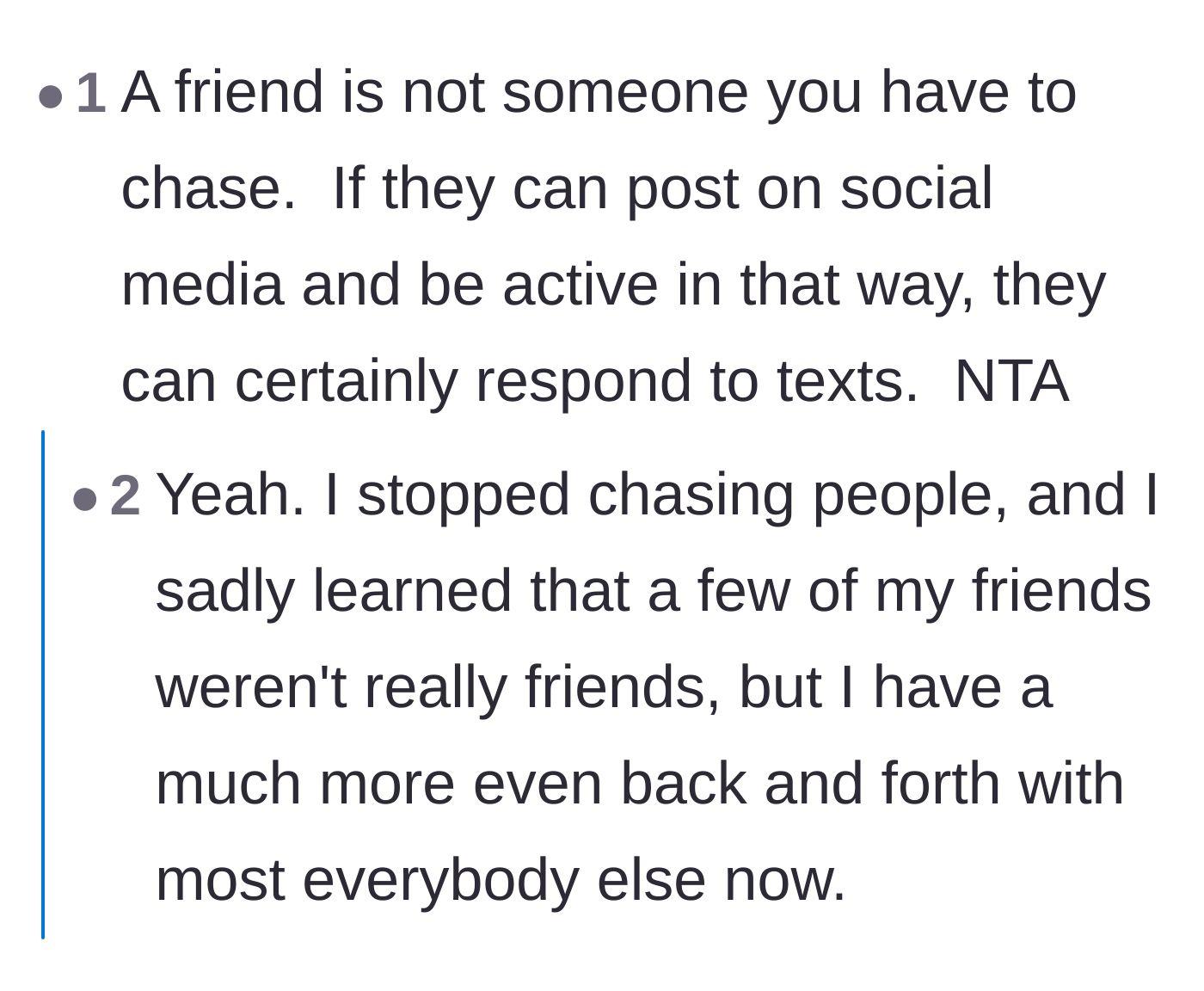 Comment thread 5 - A short but impactful comment pointing out that if someone has the time to be active on social media, they have time to reply to a text.