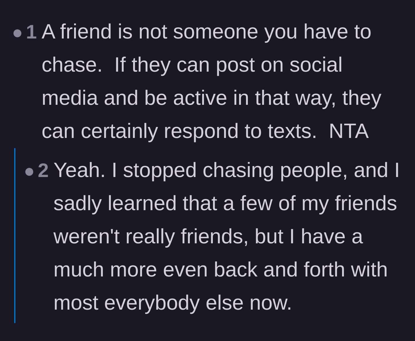 Comment thread 5 - A short but impactful comment pointing out that if someone has the time to be active on social media, they have time to reply to a text.