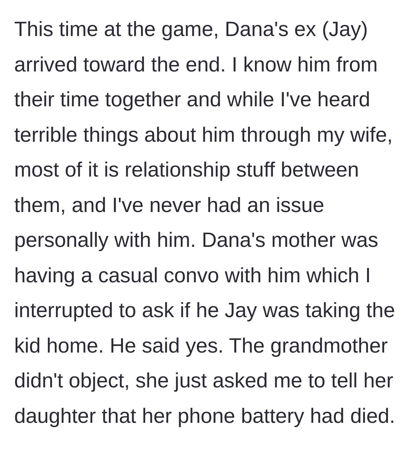 Story part 2 - The child's father and grandmother are at the game, and the husband confirms the dad is handling the ride home.
