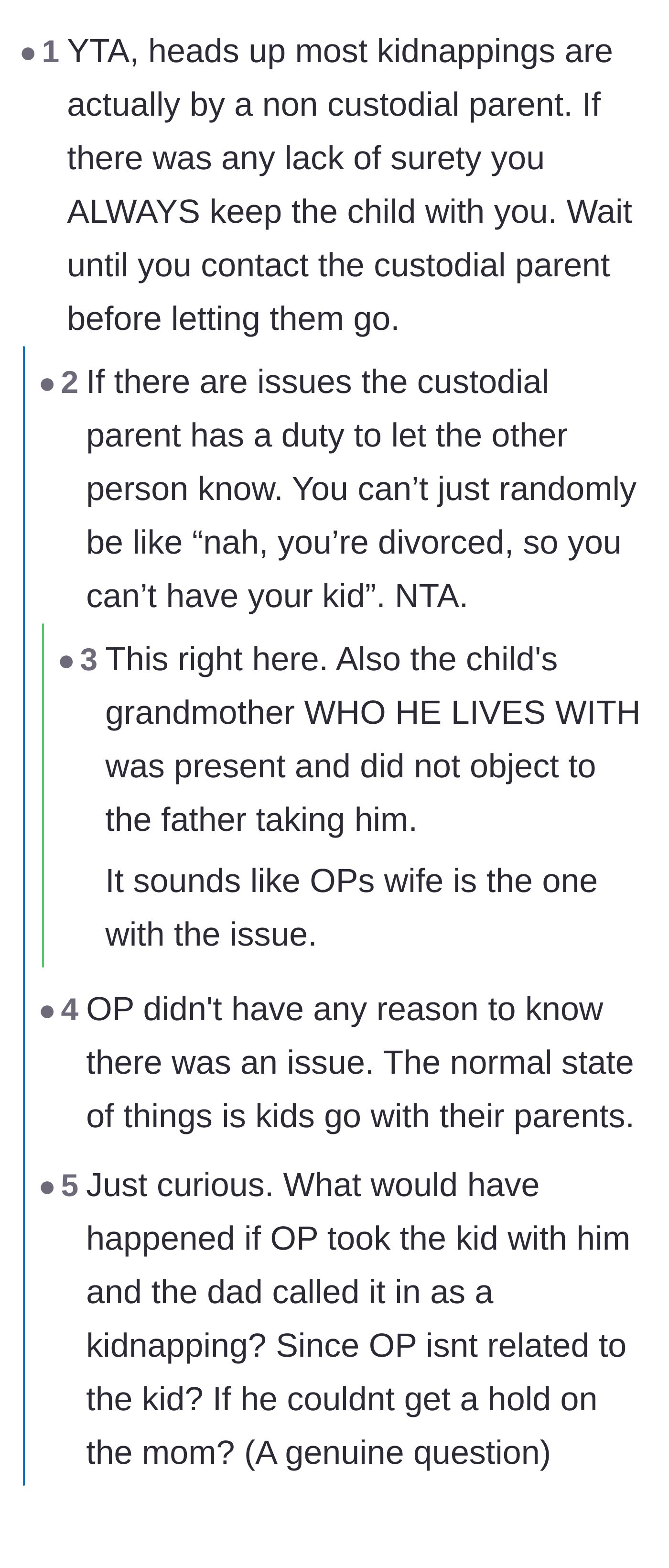 Comment thread 1 - Debate over the legality and ethics of withholding a child from their biological father without a court order.