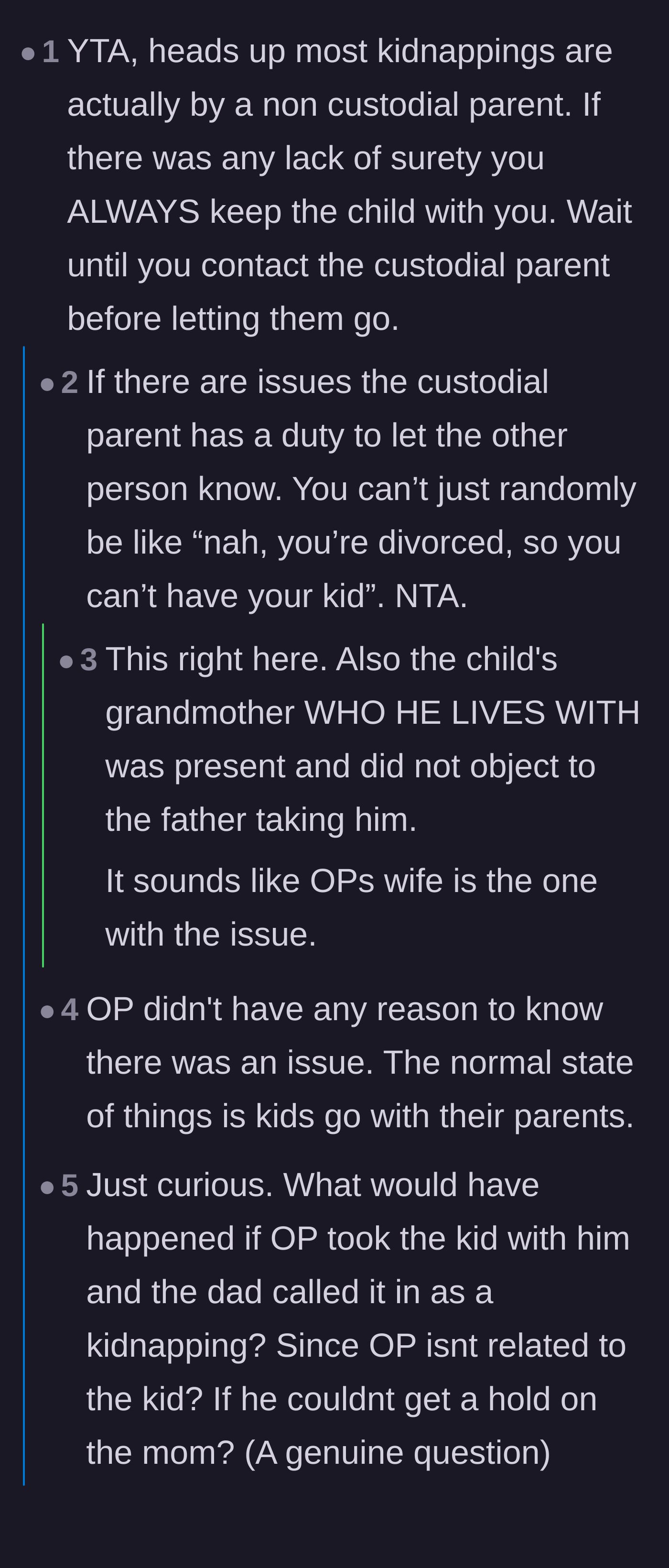 Comment thread 1 - Debate over the legality and ethics of withholding a child from their biological father without a court order.