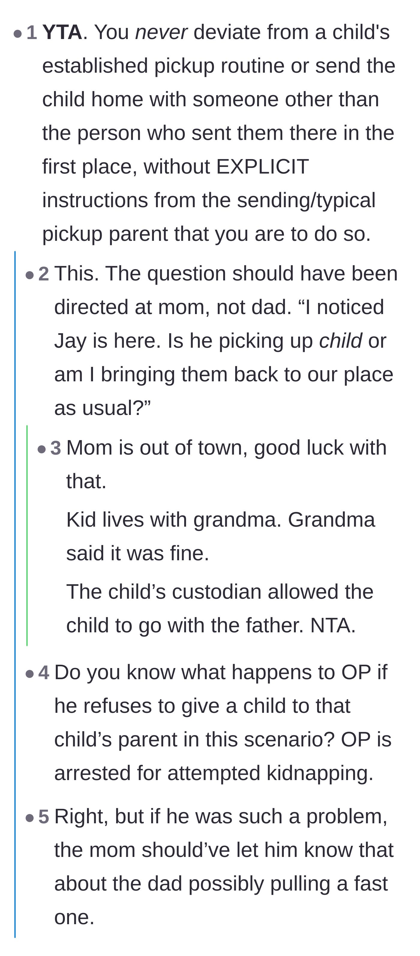 Comment thread 2 - Argument about sticking strictly to established carpool routines versus adapting when the child's family is present.