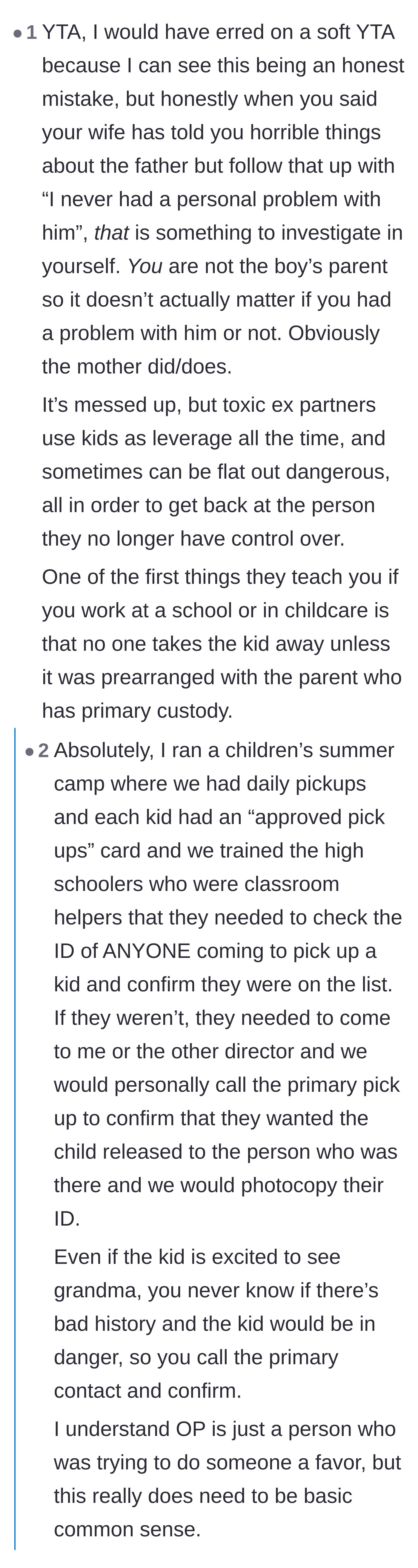 Comment thread 6 - Comparing a casual carpool favor to strict institutional childcare rules and bringing up extreme true crime cases.