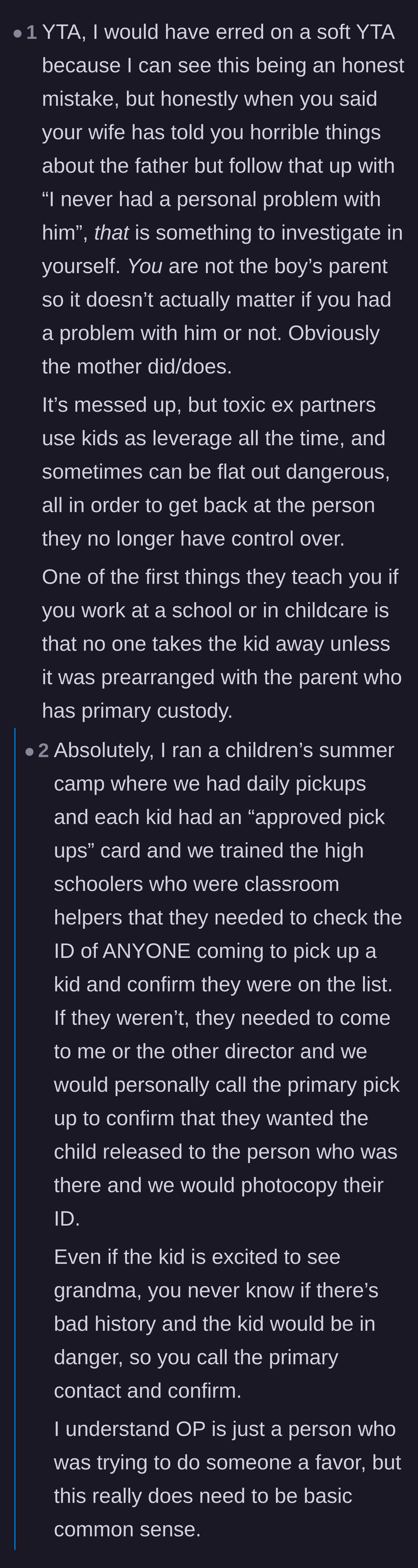 Comment thread 6 - Comparing a casual carpool favor to strict institutional childcare rules and bringing up extreme true crime cases.