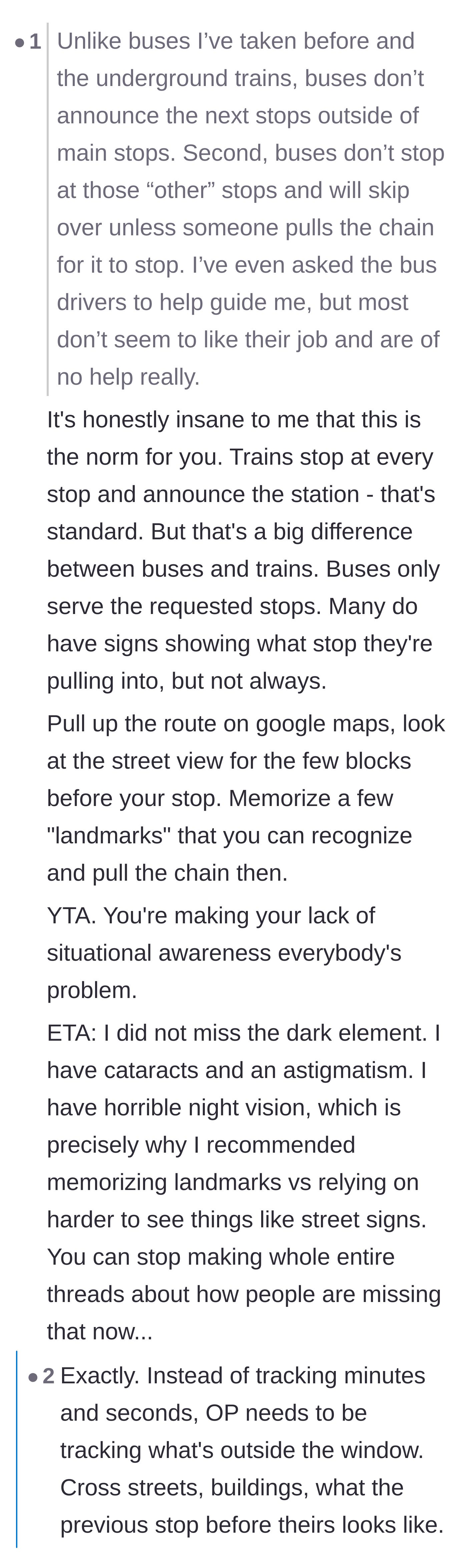Comment thread 3 - Advice on memorizing landmarks and the difference between bus and train systems.