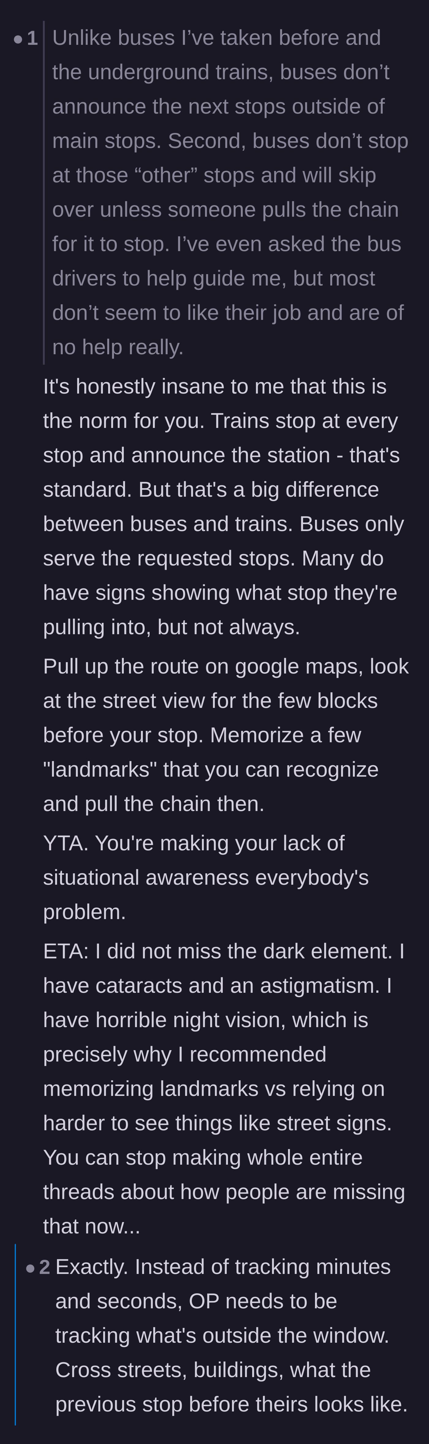 Comment thread 3 - Advice on memorizing landmarks and the difference between bus and train systems.