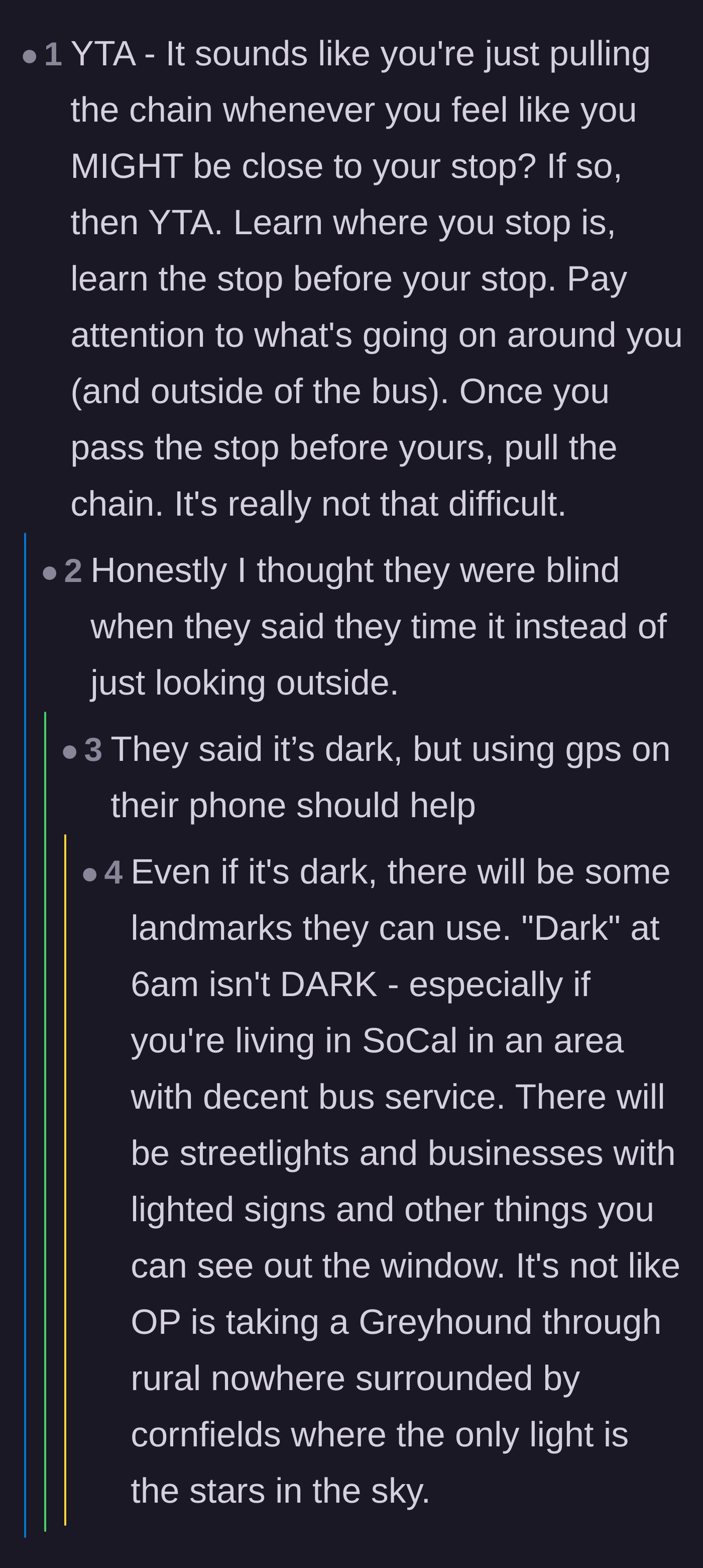 Comment thread 4 - Readers calling out the main character's main character syndrome for stopping the bus in early morning hours.