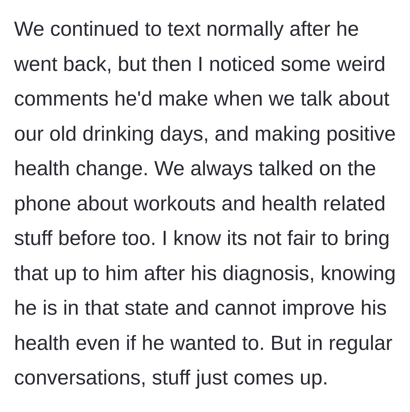 Story part 4 - The older friend continuing to casually talk about fitness and health, making the sick friend uncomfortable and sparking tension.