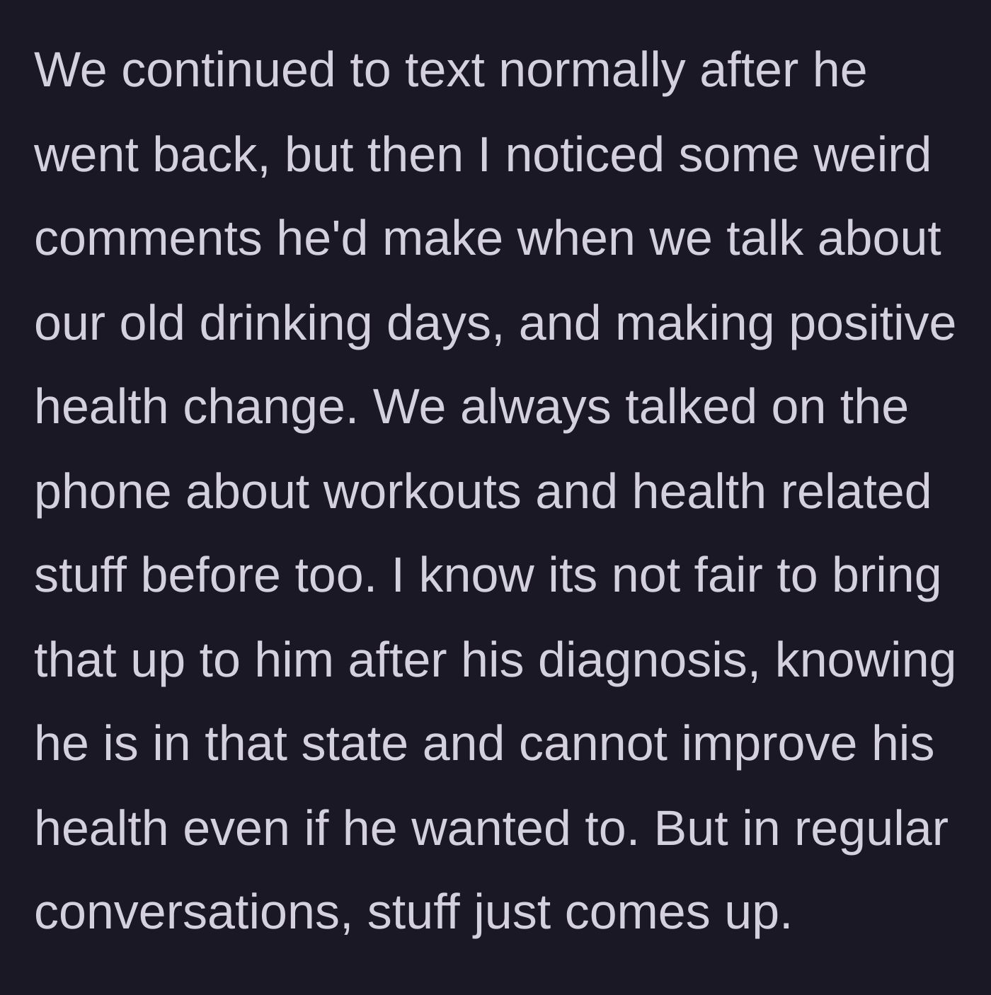 Story part 4 - The older friend continuing to casually talk about fitness and health, making the sick friend uncomfortable and sparking tension.