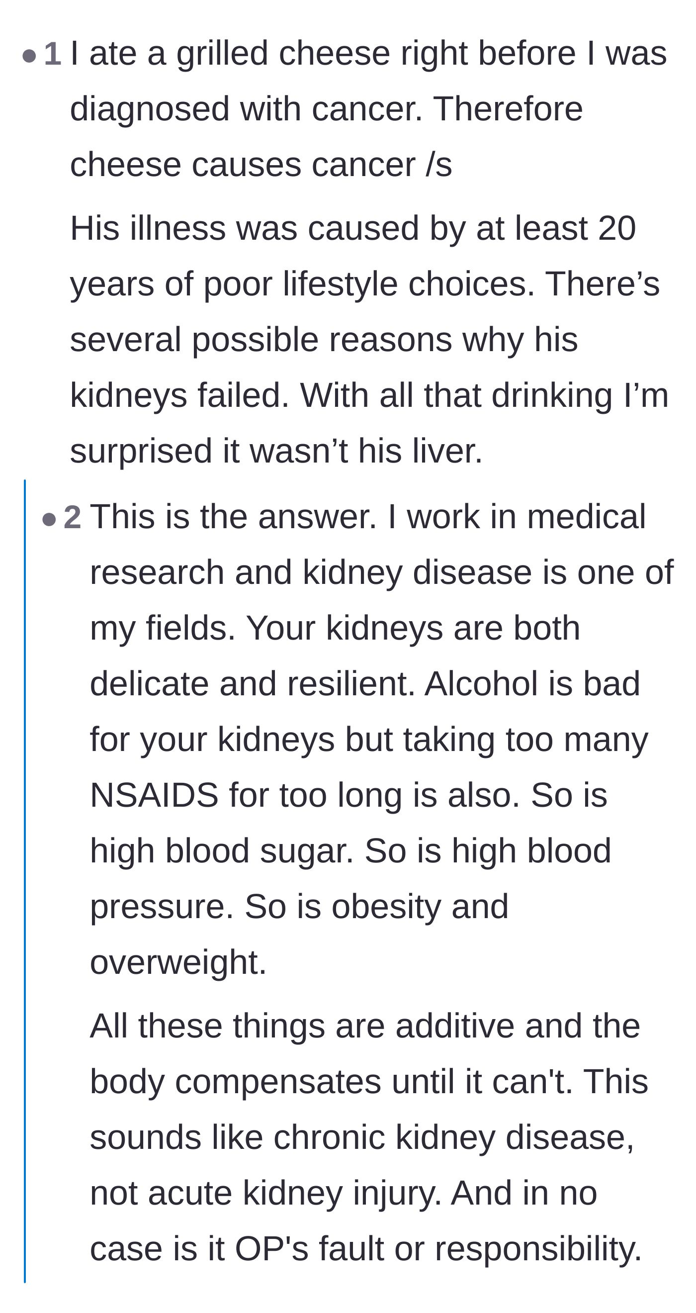 Comment thread 1 - Readers explaining the biological reality of kidney failure and chronic health decline