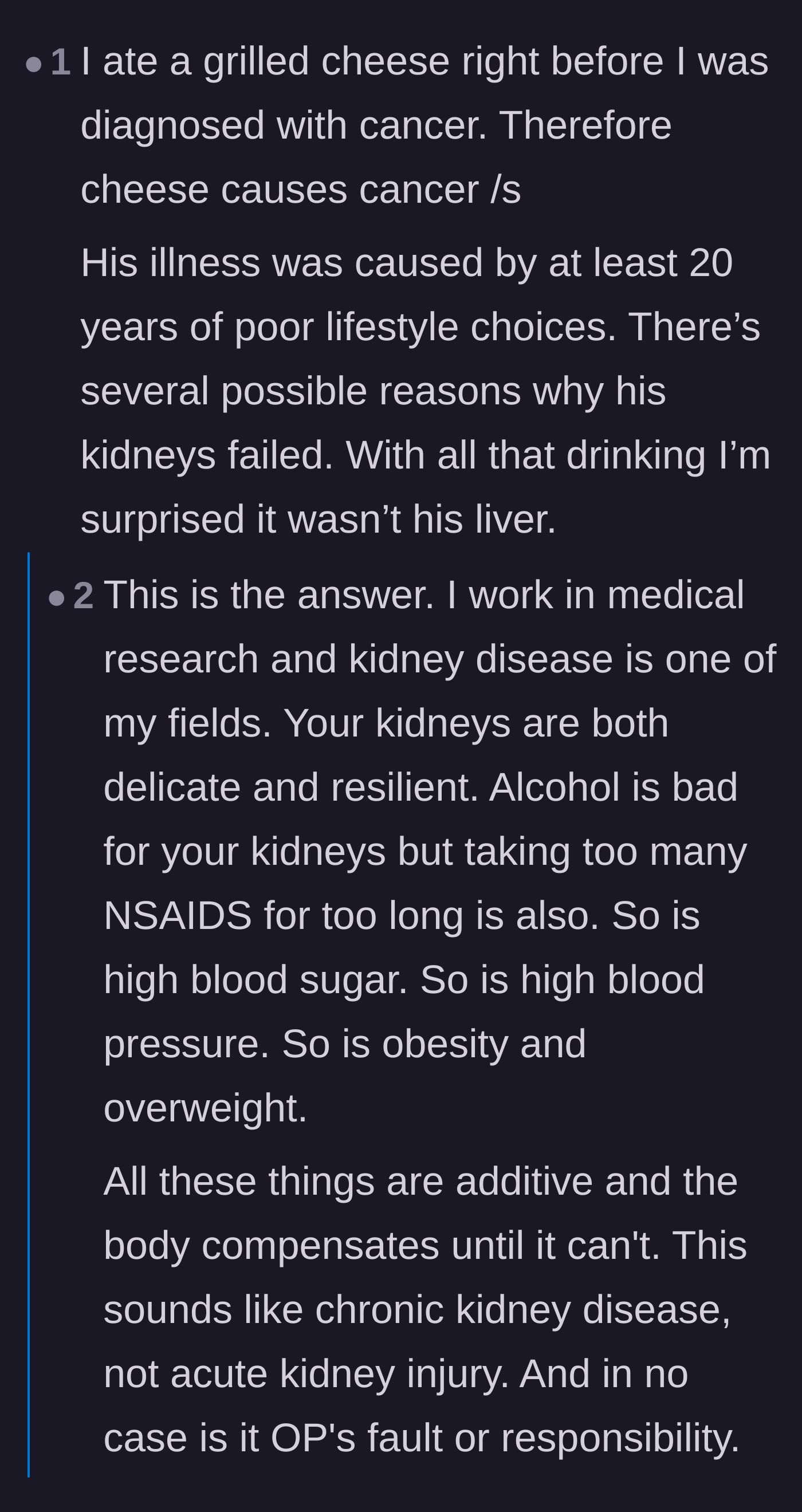 Comment thread 1 - Readers explaining the biological reality of kidney failure and chronic health decline