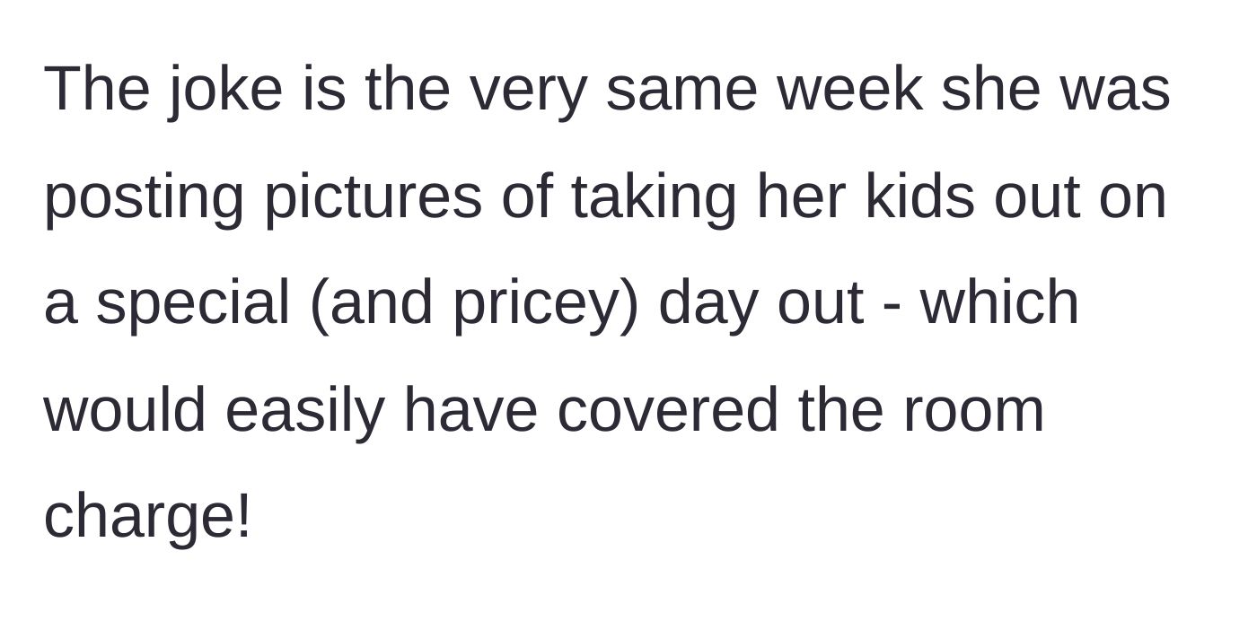 Story part 11 - The cousin posts photos of an expensive family day out the very same week.