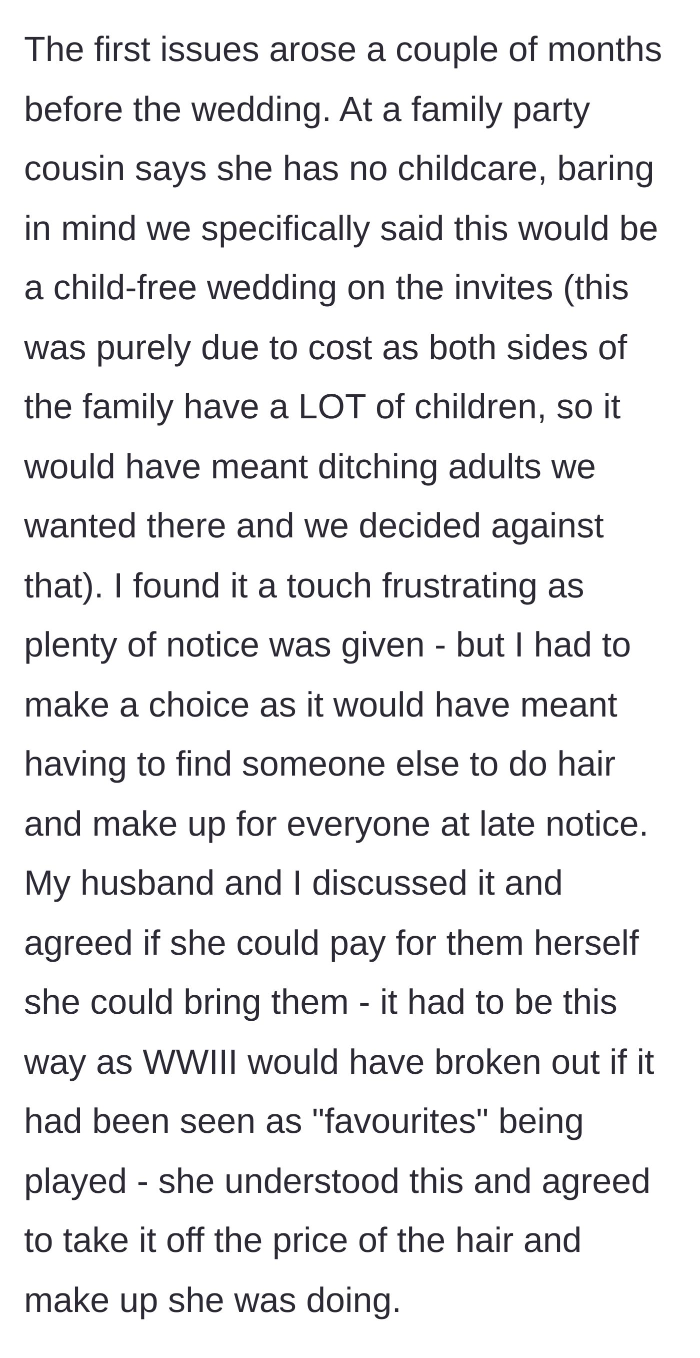 Story part 3 - The cousin demands to bring her kids to the child-free wedding, forcing the bride to compromise.
