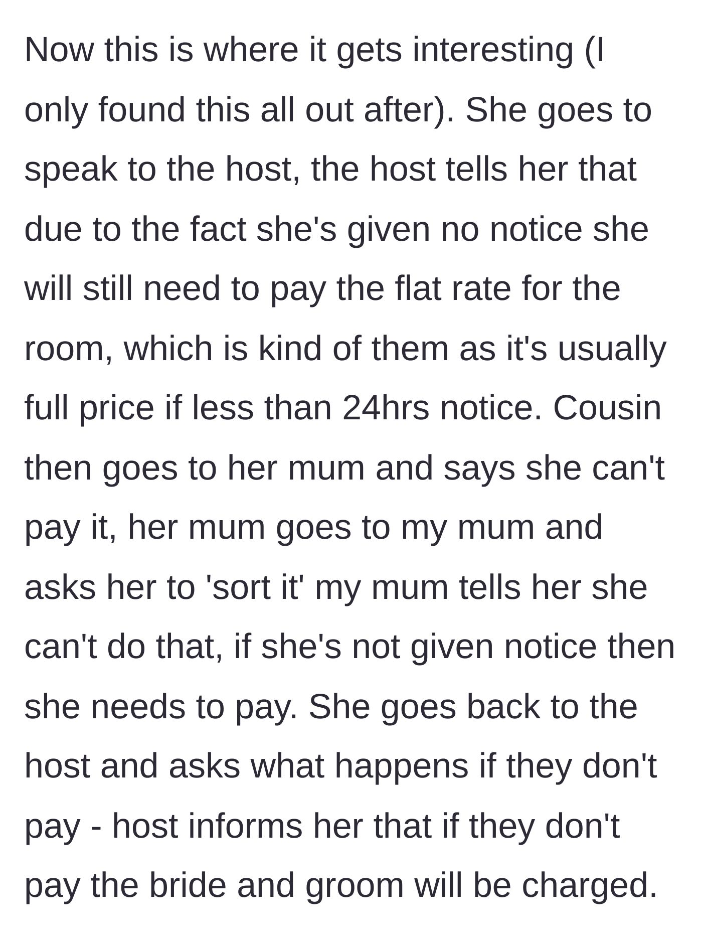 Story part 6 - The cousin argues with the hotel staff about paying her room fee and learns the bride will be charged.