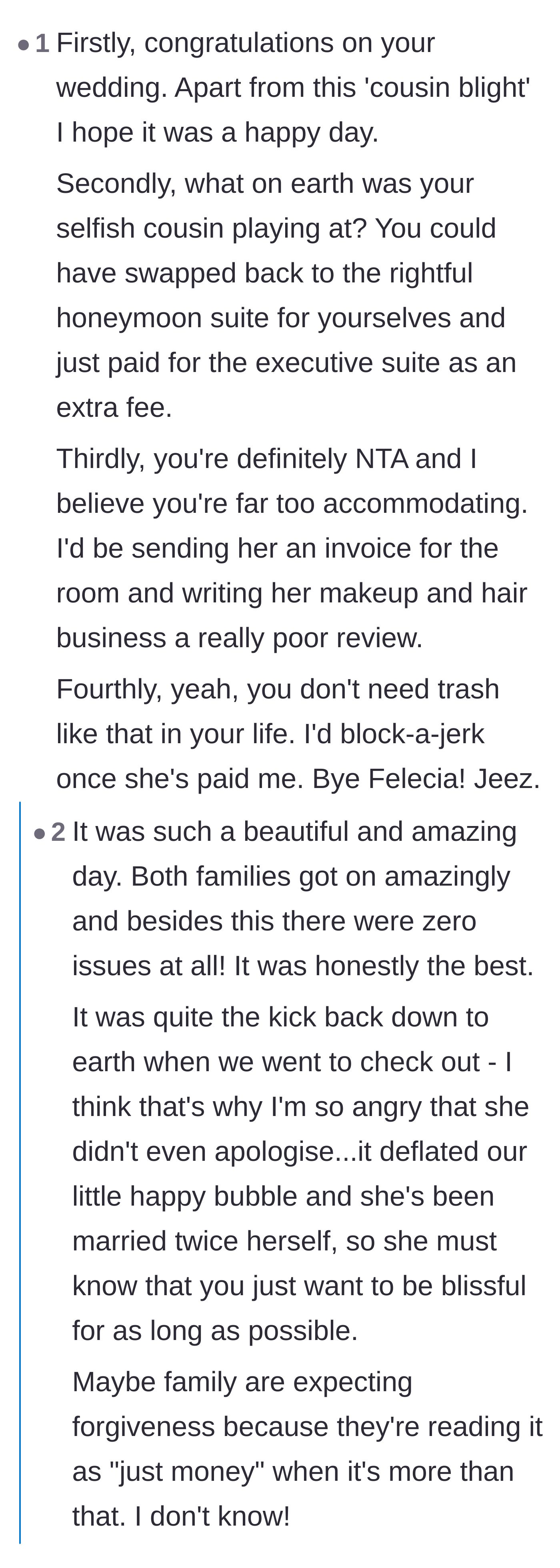 Comment thread 2 - A detailed breakdown of the cousin's offenses and the bride's realization of the emotional damage.